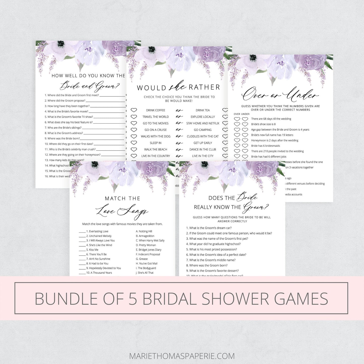 Editable Bridal Shower Games Bundle Lavender Purple Bridal Shower Games Bundle of 5 Template