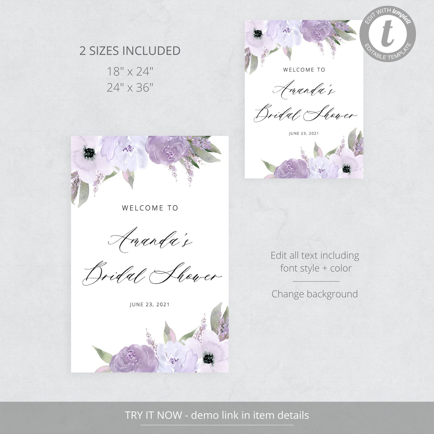 Editable Purple Bridal Shower Welcome Sign Bridal Shower Welcome Poster Lavender Floral Template