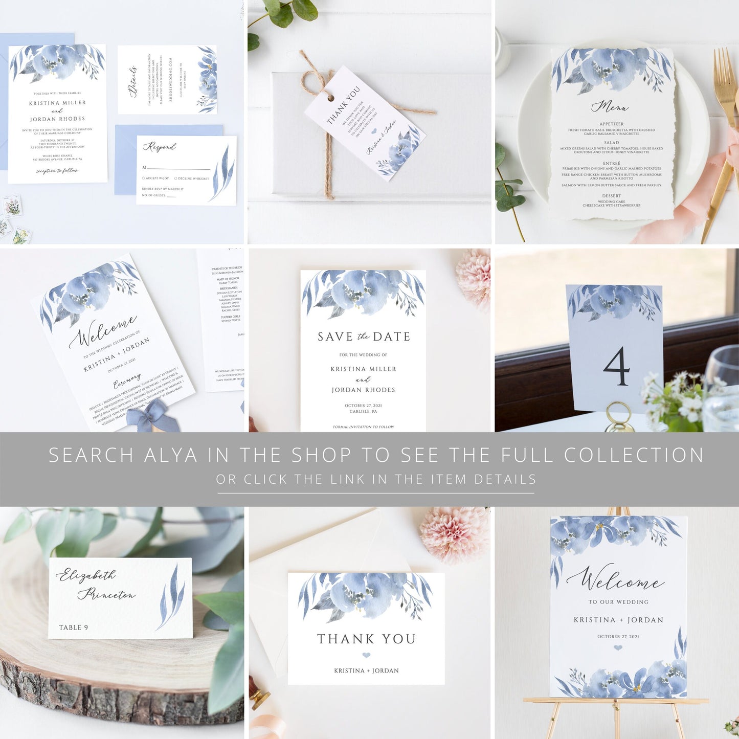Editable Floral Wedding Table Number Dusty Blue & Gray Table Number Card 5x7 and 4x6 Template