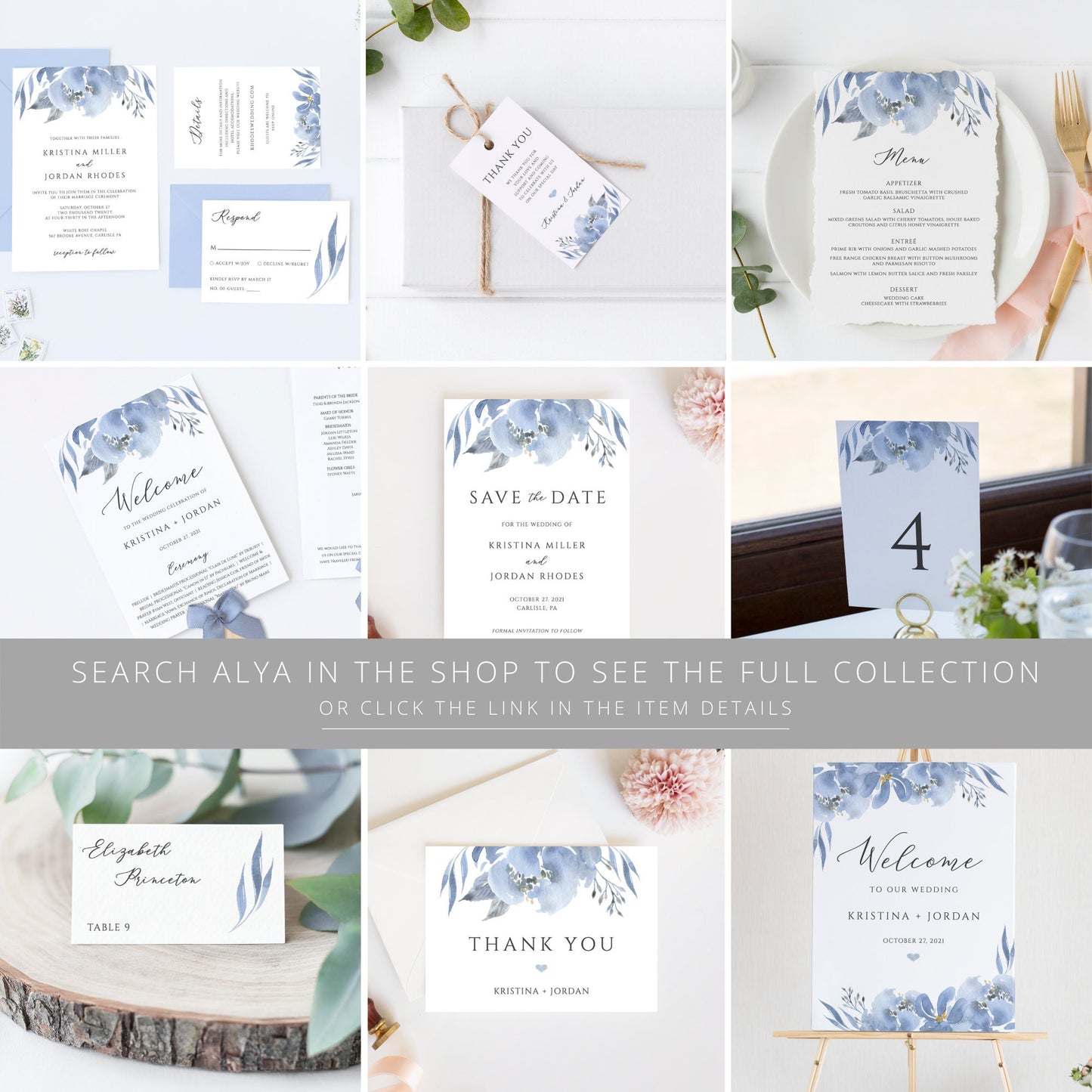 Editable Dusty Blue Wedding Place Card Floral Wedding Name Card Escort Card Template