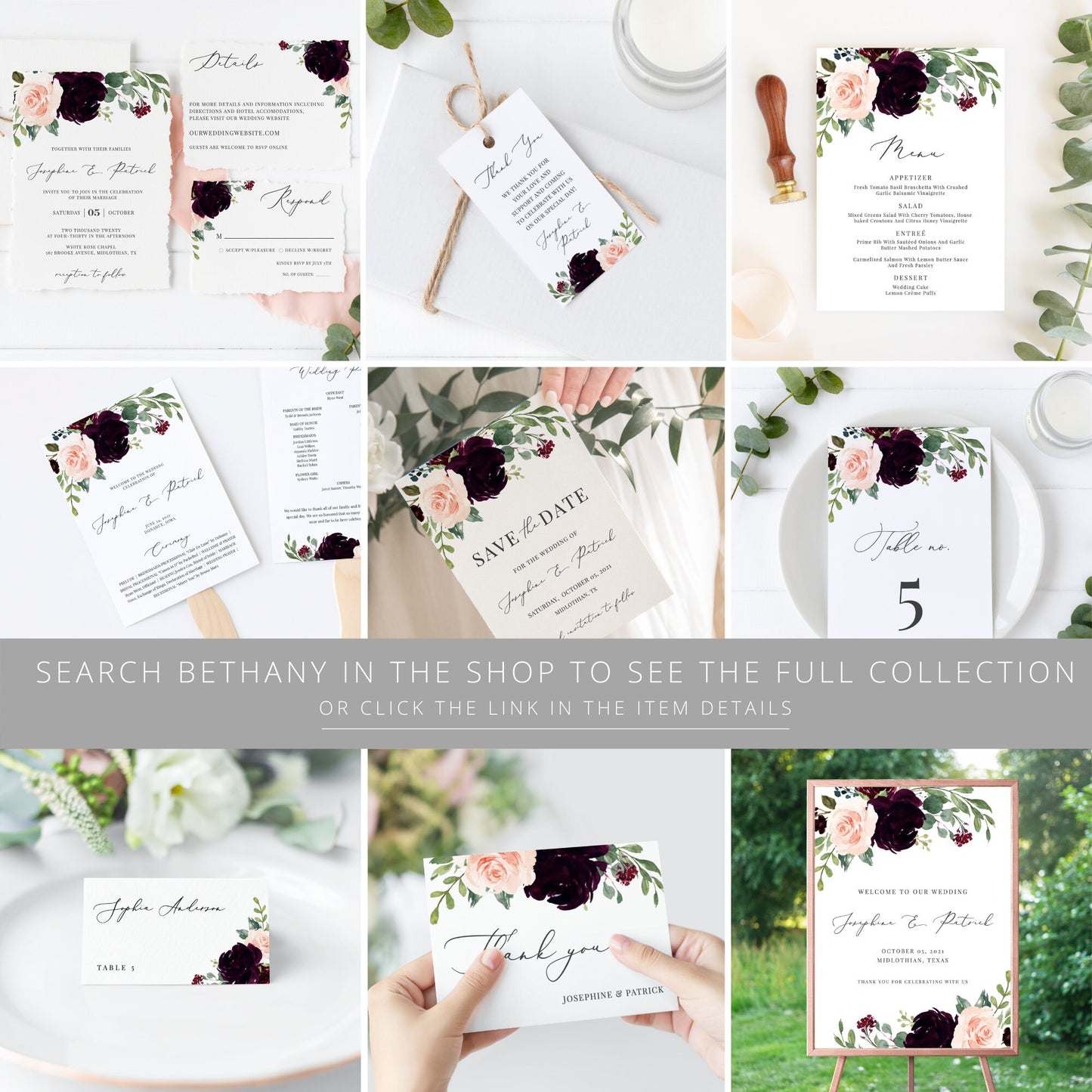 Editable Wedding Invitation Burgundy Plum Blush Floral Wedding Invitation Set Wedding Suite Template