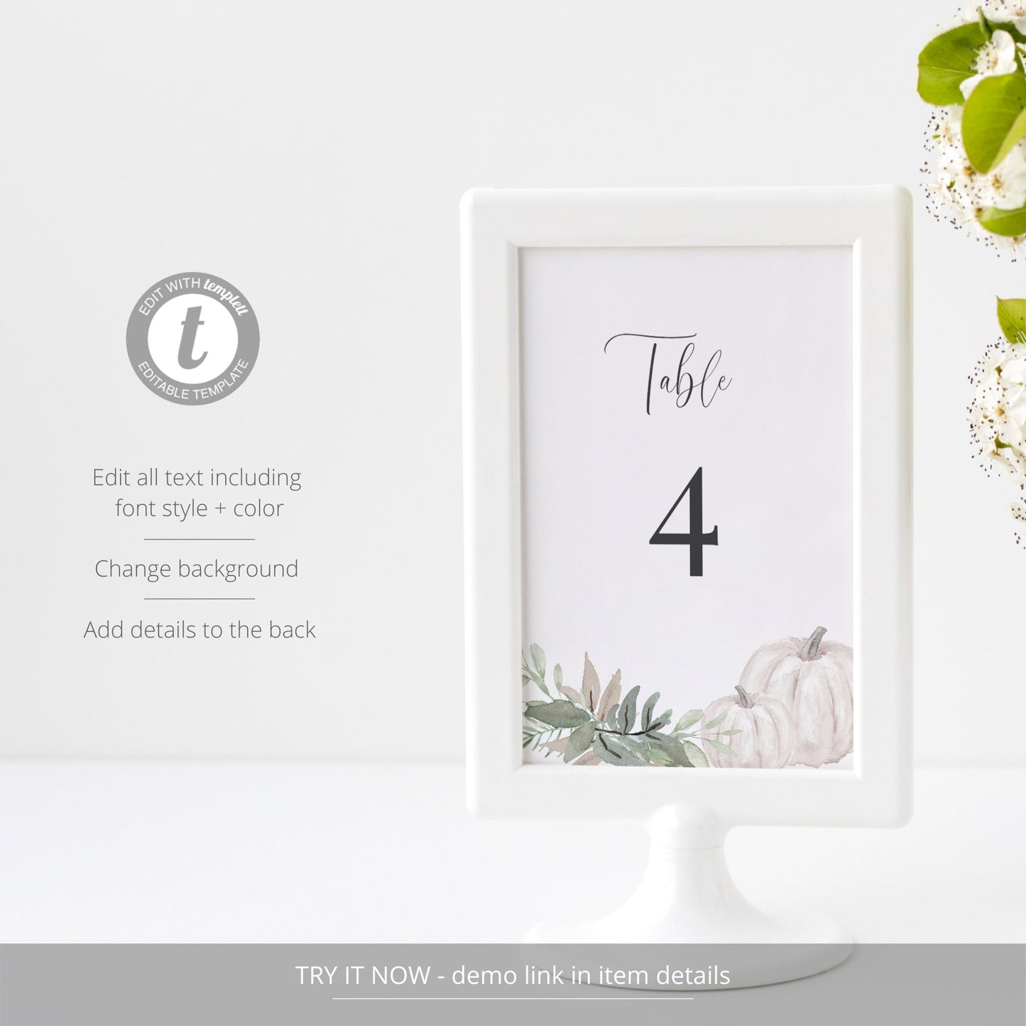 Editable Pumpkin Table Number Pumpkin Greenery Wedding Table Number Card 5x7 and 4x6 Template
