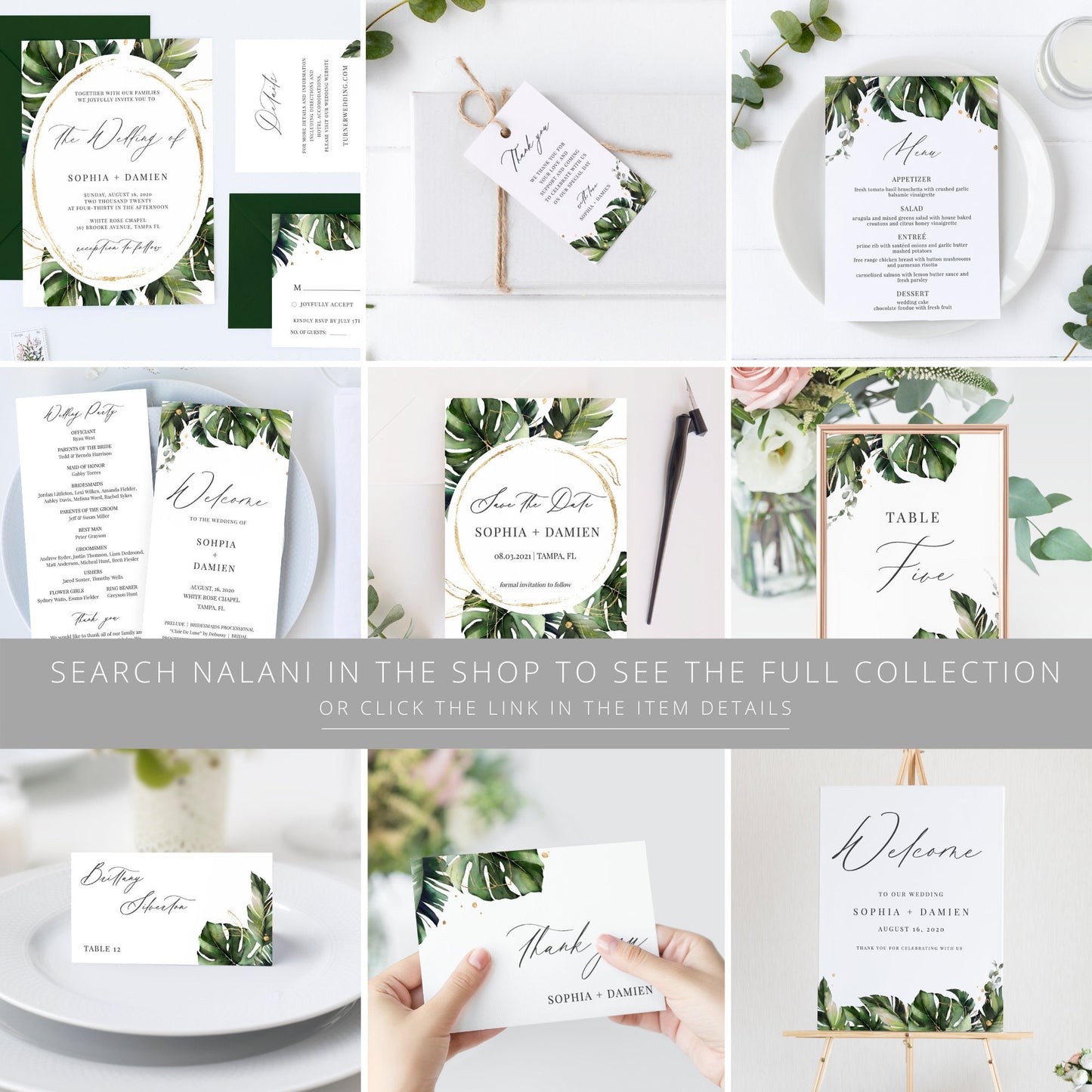 Editable  Tropical Wedding Invitation Monstera Palm Leaves Wedding Invitation Suite Template
