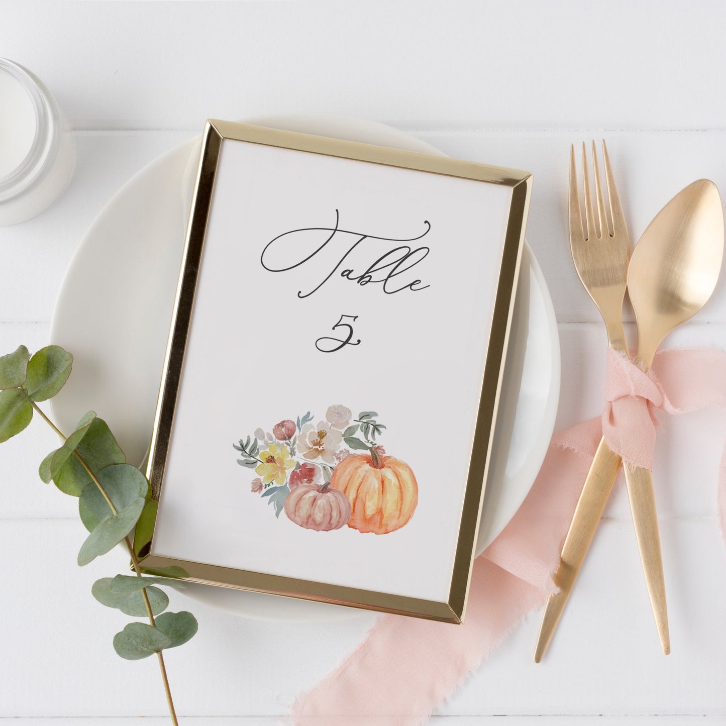Editable Wedding Table Number Pumpkin Greenery Table Number Card 5x7 and 4x6 Template