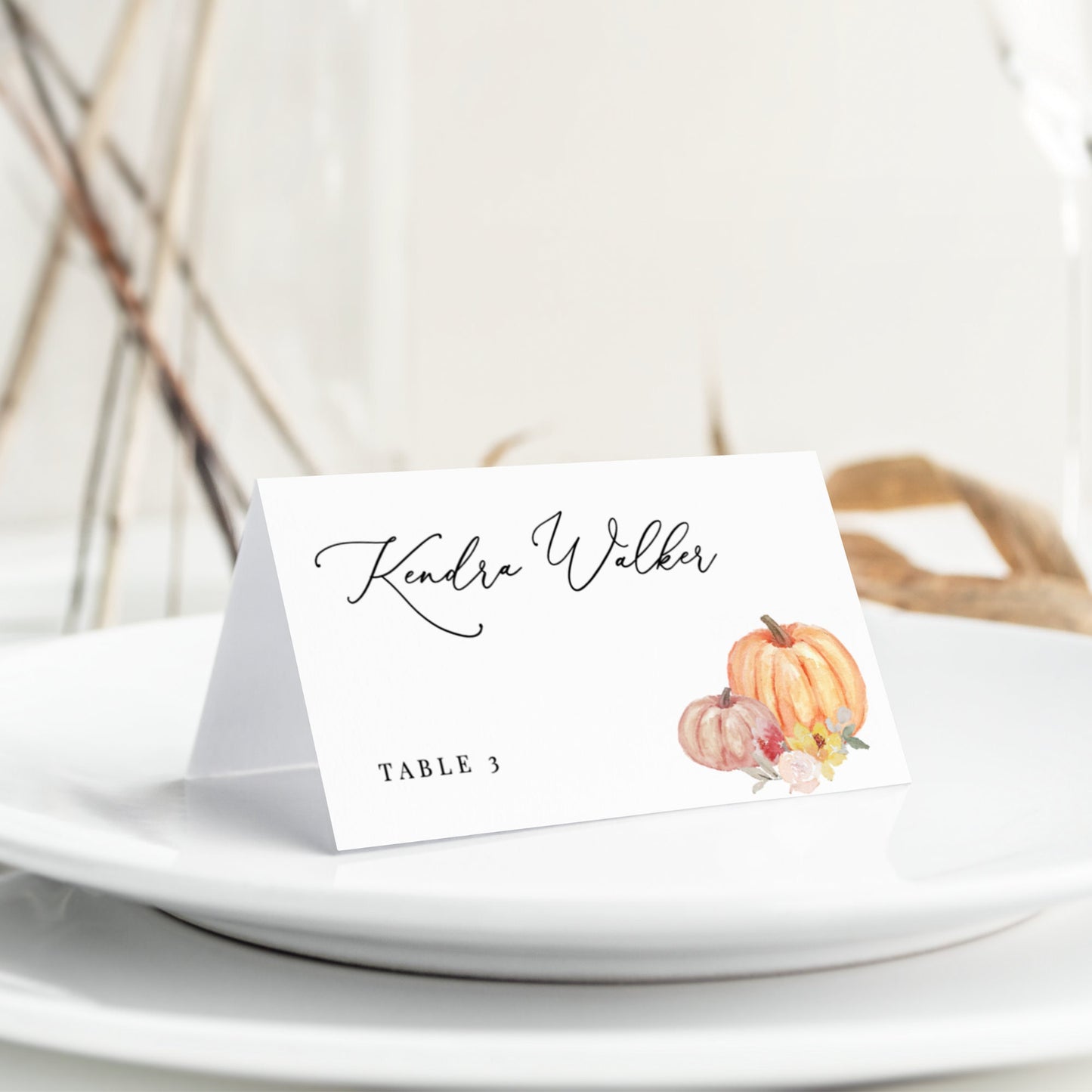 Editable Pumpkin Wedding Place Card Fall Floral Thanksgiving Name Card Place Card Template