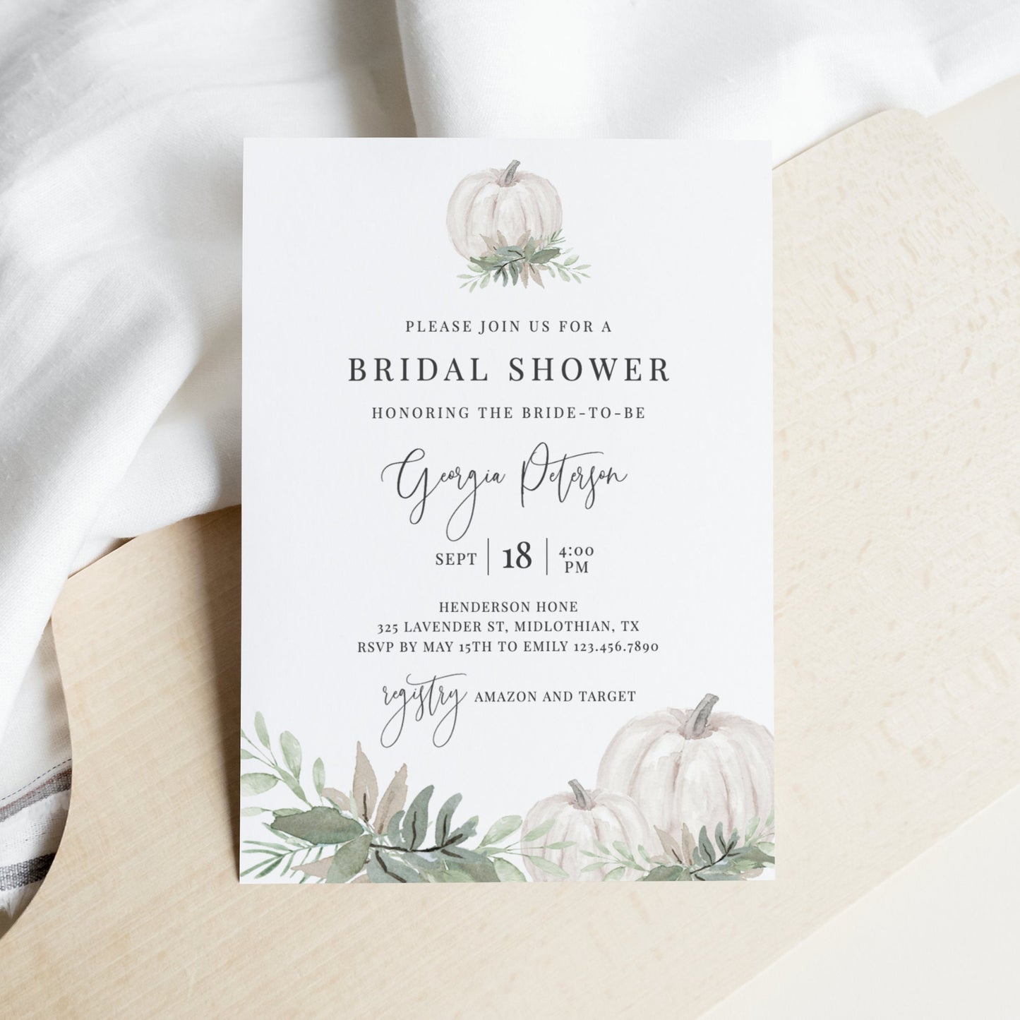 Editable Bridal Shower Invitation Sage Green and White Pumpkin Fall Bridal Shower Invite Template