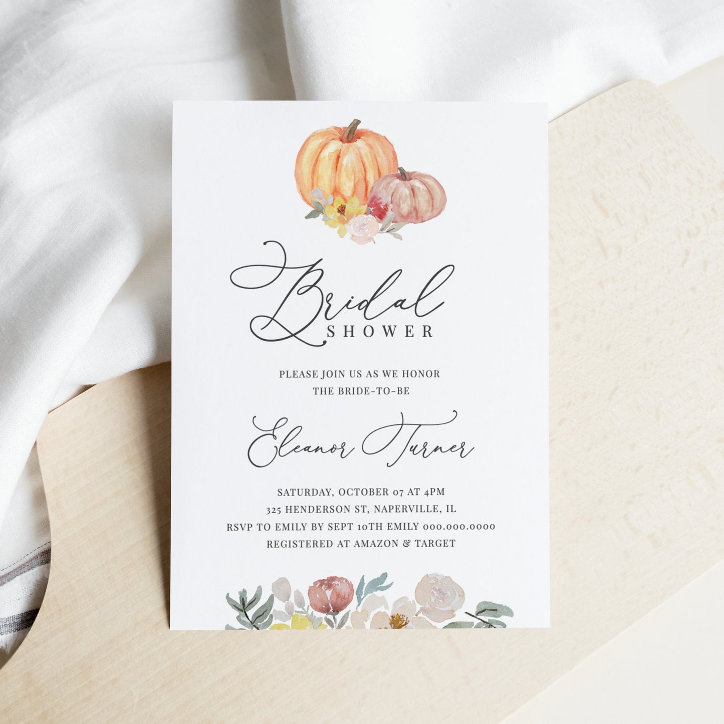 Editable Bridal Shower Invitation Orange Floral Pumpkin Fall Bridal Shower Invite Template