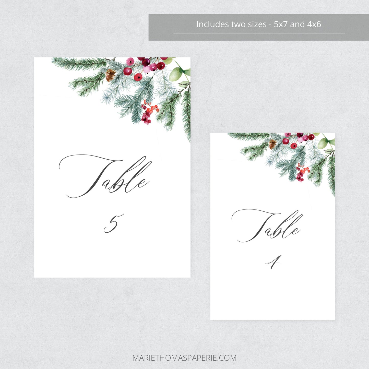 Editable Winter Pine Wedding Table Number Christmas Table Number Card 5x7 and 4x6 Template
