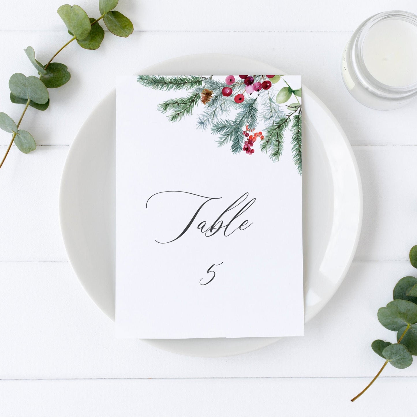 Editable Winter Pine Wedding Table Number Christmas Table Number Card 5x7 and 4x6 Template