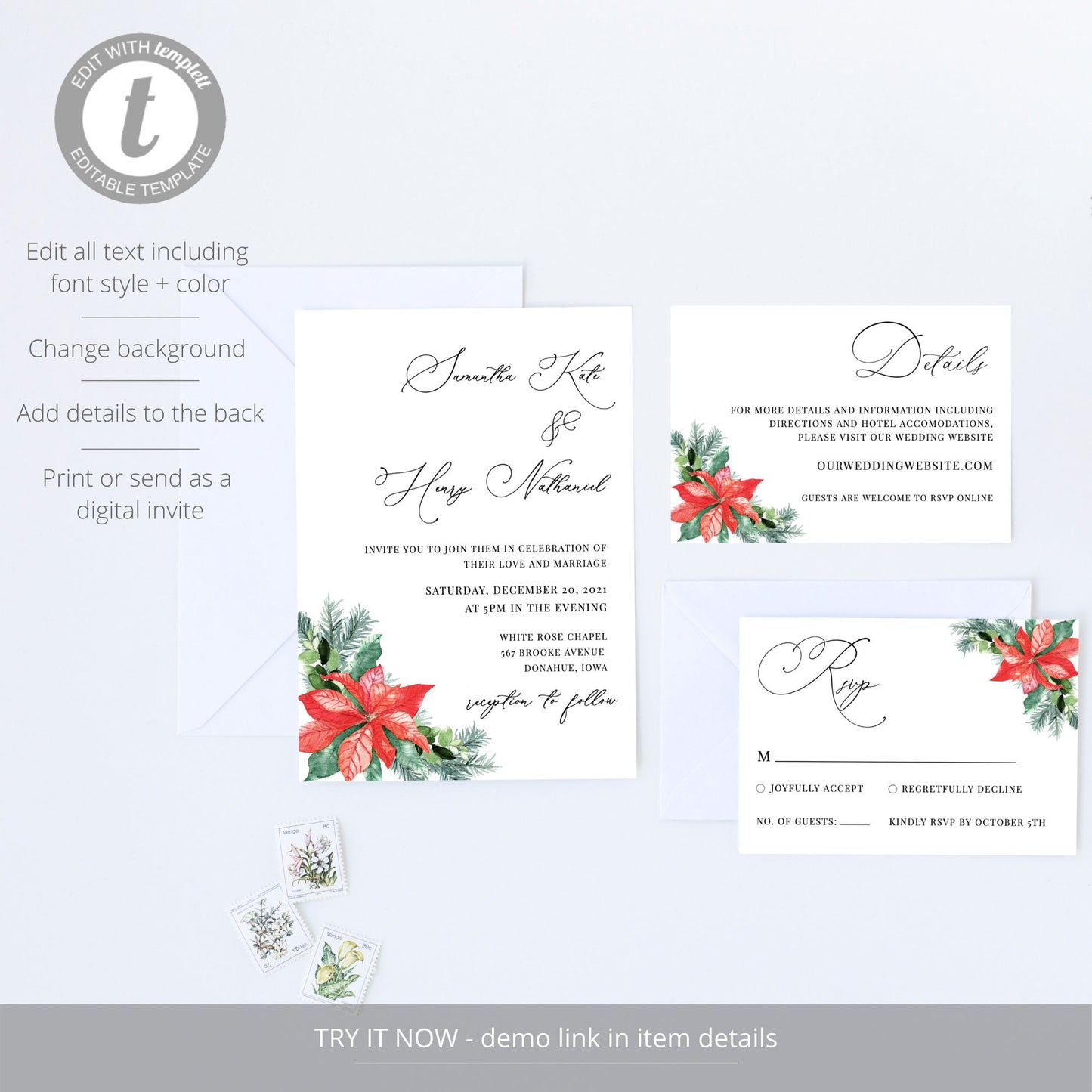 Editable Winter Wedding Invitation Christmas Pine Wedding Invitation Set Wedding Suite Template