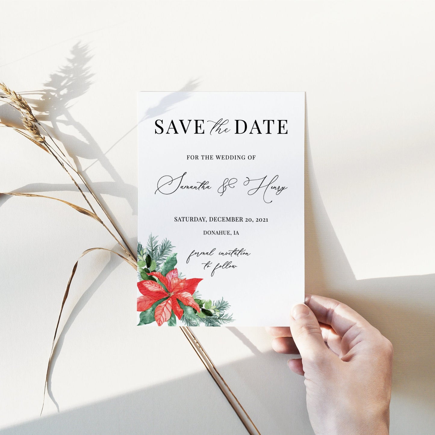 Editable Winter Save the Date Poinsettia Save the Date Cards Wedding Announcement Text Digital Template