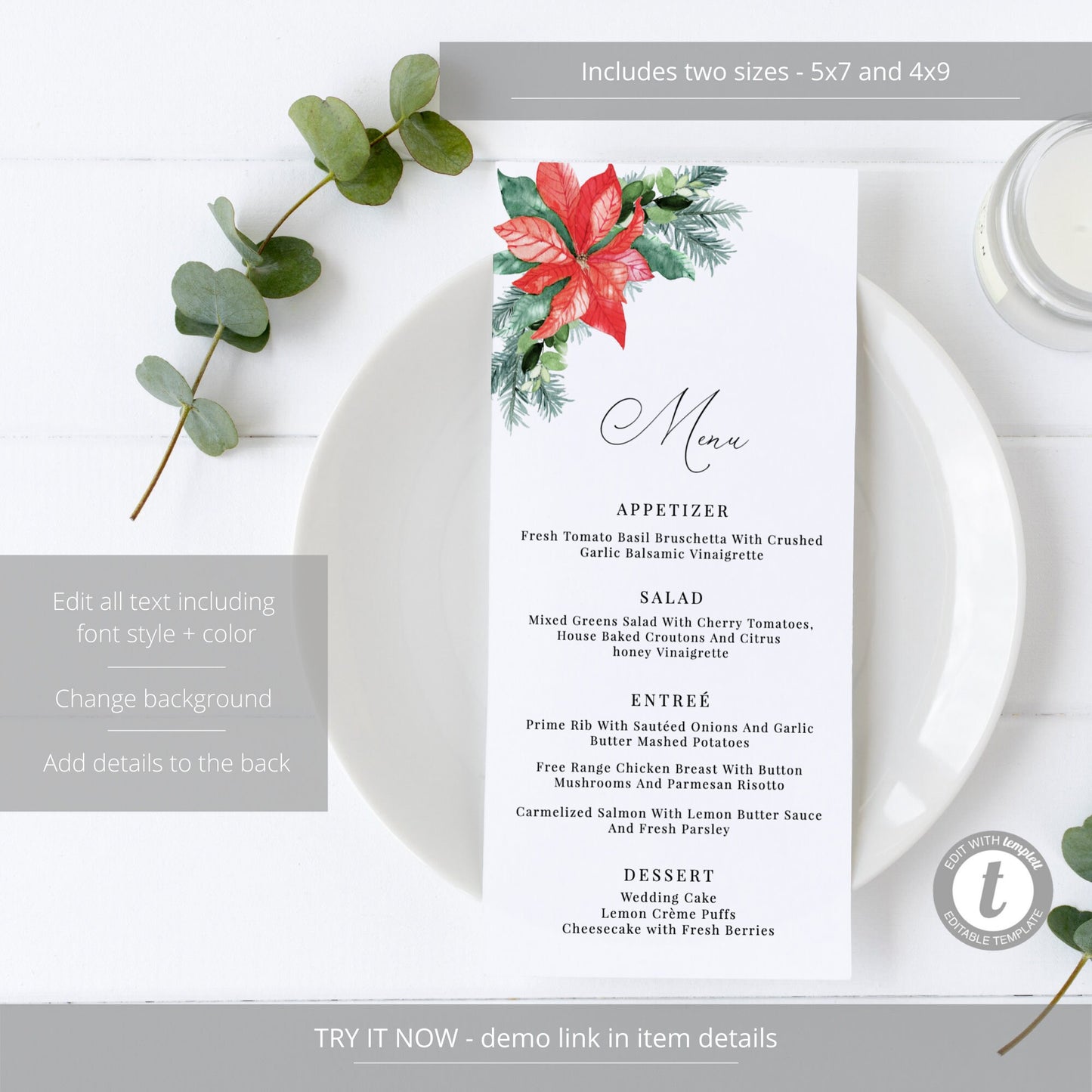 Editable Christmas Menu Poinsettia Wedding Menu Card Christmas Dinner Menu 5x7 and 4x9 Template