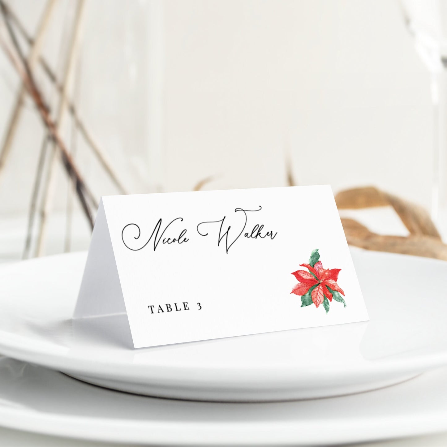 Editable Christmas Wedding Place Card Winter Poinsettia Name Card Place Card Template