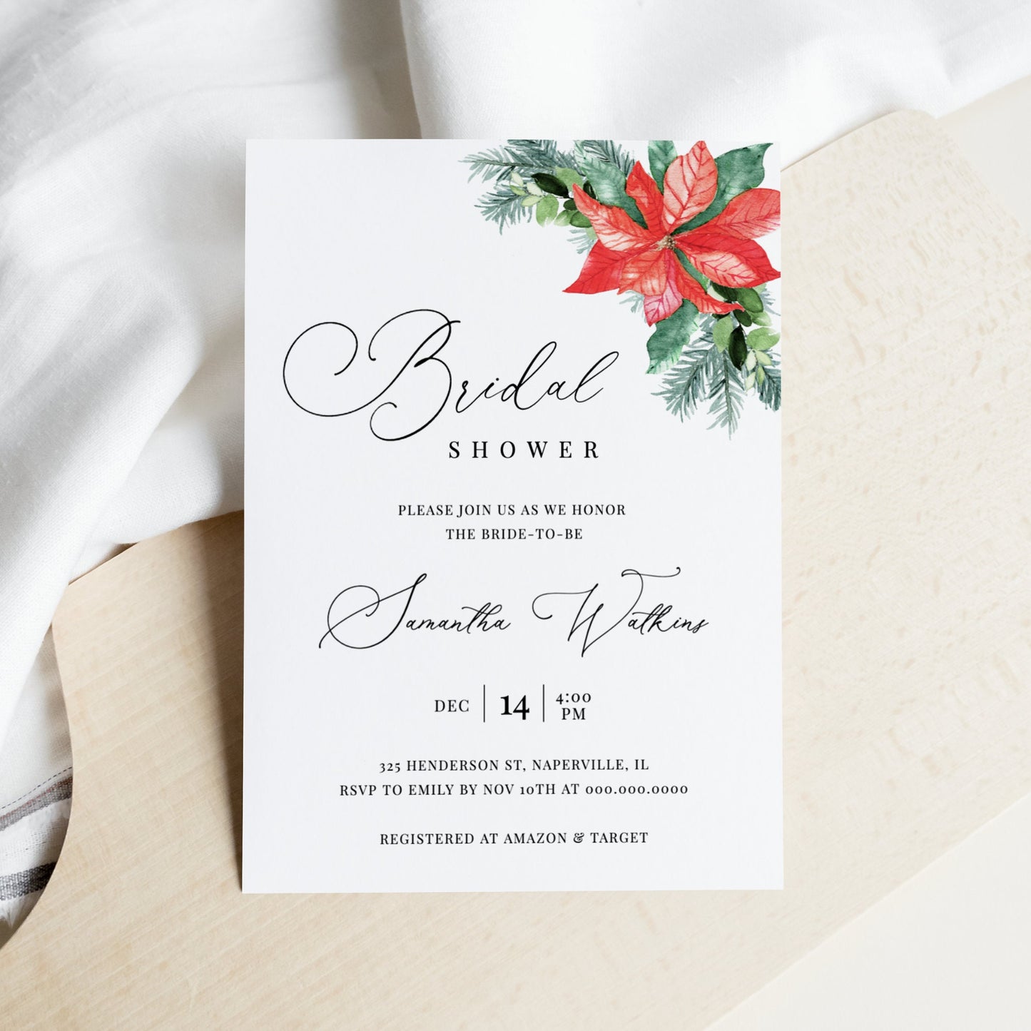 Editable Bridal Shower Invitation Winter Poinsettia Pine Bridal Shower Invite Template