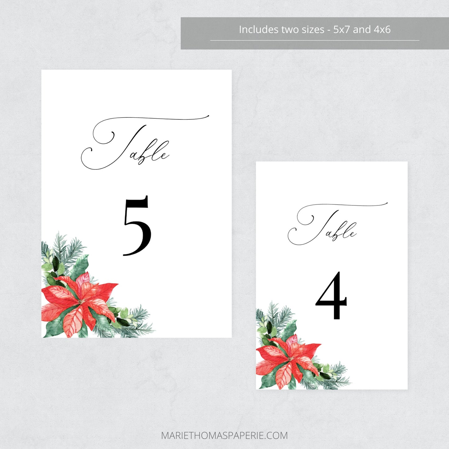Editable Poinsettia Wedding Table Number Christmas Table Number Card 5x7 and 4x6 Template