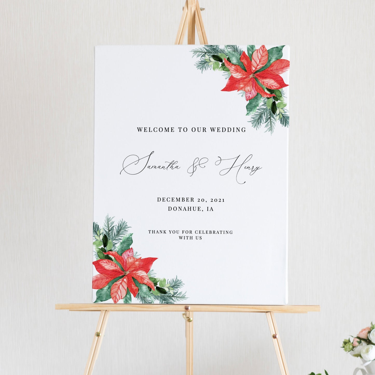 Editable Poinsettia Wedding Welcome Sign Welcome to our Wedding Sign Winter Christmas Pine Template