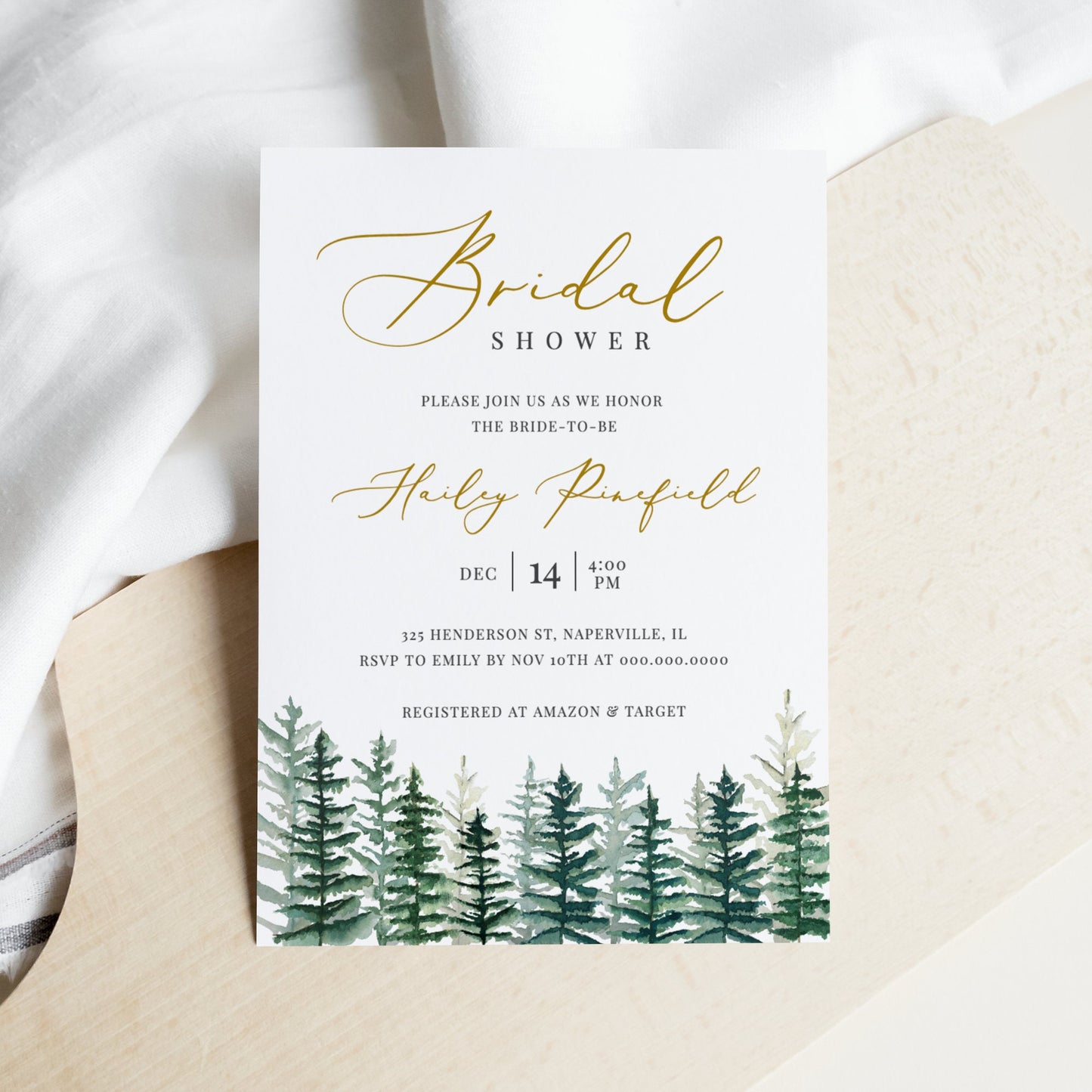 Editable Woodland Bridal Shower Invitation Winter Pine Trees Bridal Shower Invite Template