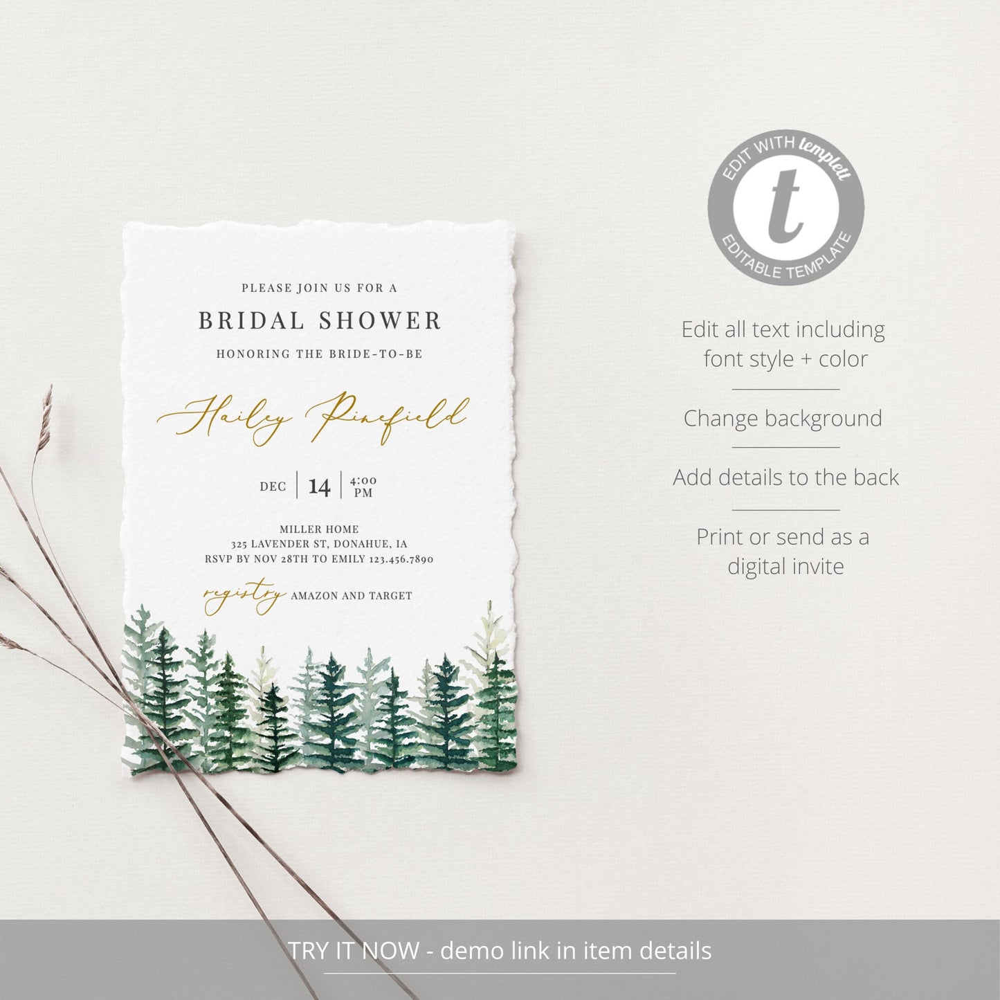 Editable Bridal Shower Invitation Winter Pine Trees Woodland Bridal Shower Invite Template
