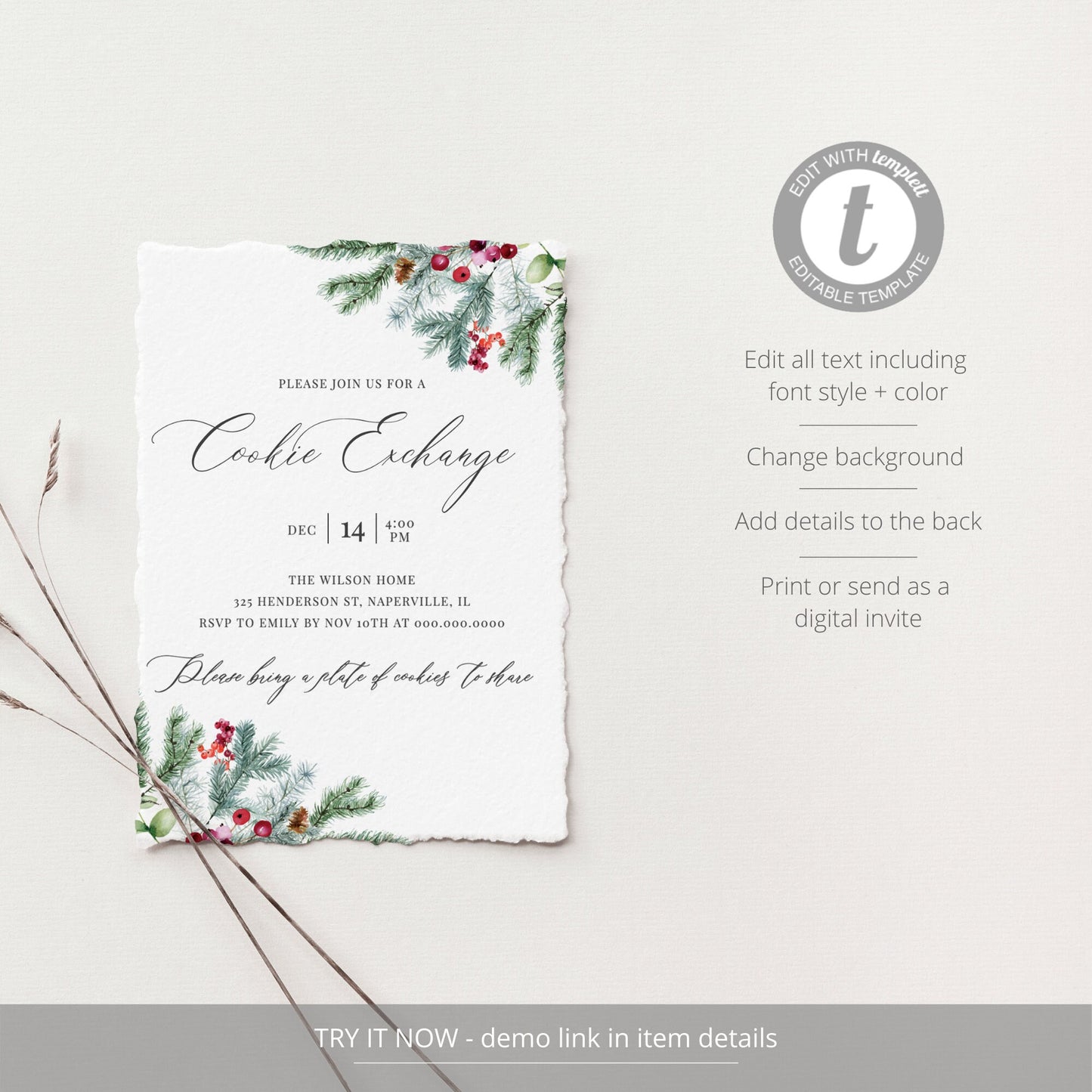 Editable Cookie Exchange Invitation Winter Holiday Cookie Party Invite Template
