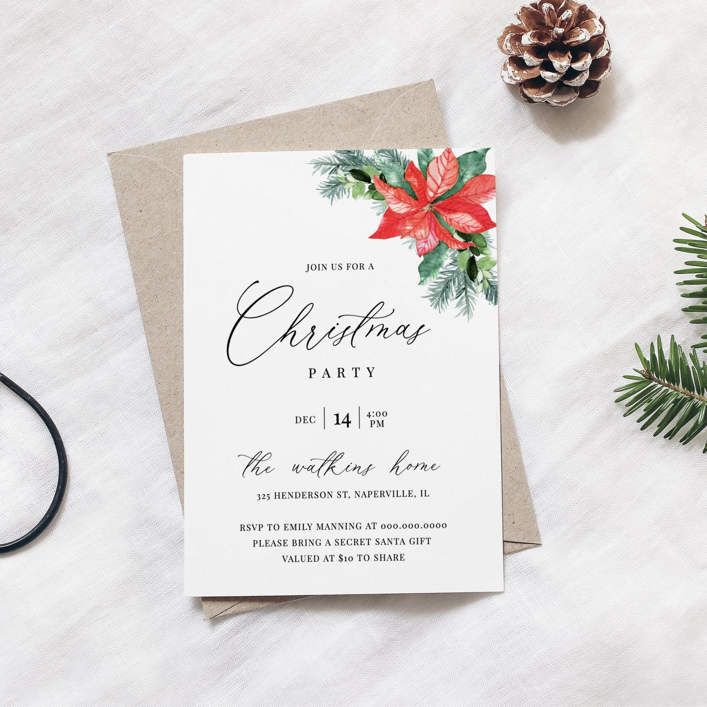 Editable Christmas Party Invitation Winter Poinsettia Pine Holiday Party Invite Template