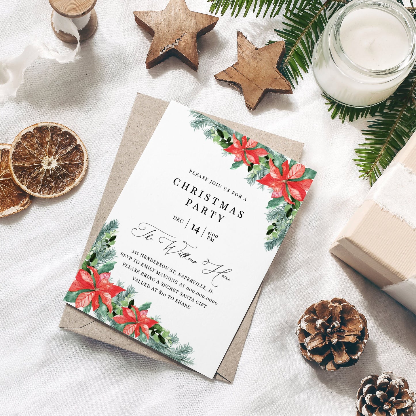 Editable Christmas Party Invitation Poinsettia Pine Winter Holiday Party Invite Template
