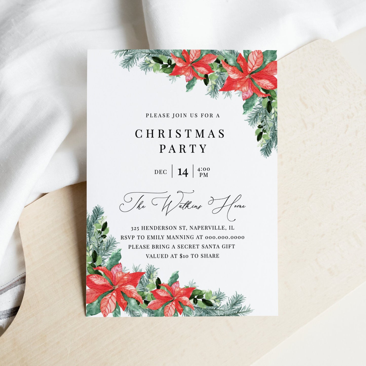 Editable Christmas Party Invitation Poinsettia Pine Winter Holiday Party Invite Template