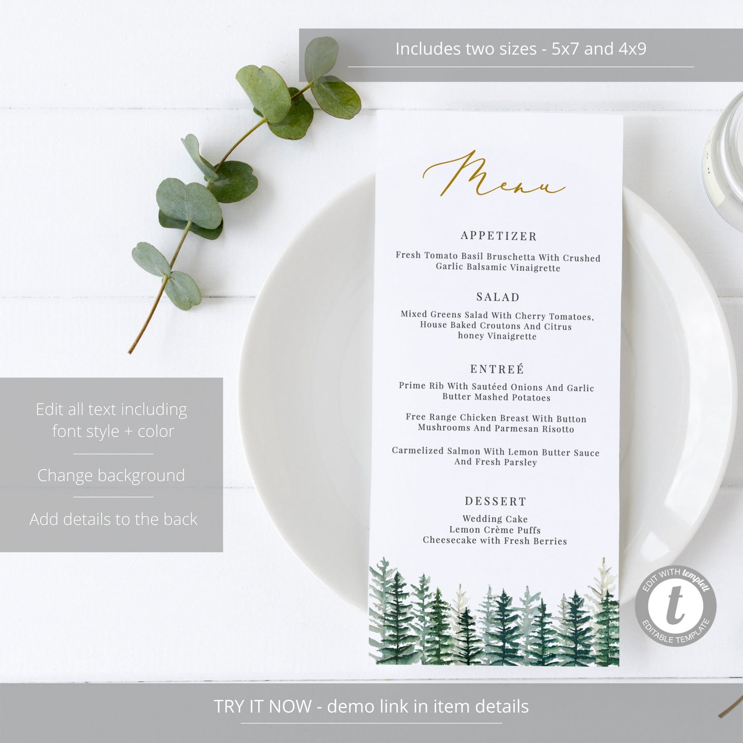 Editable Woodland Pine Menu Greenery Wedding Menu Card Winter Menu 5x7 and 4x9 Template