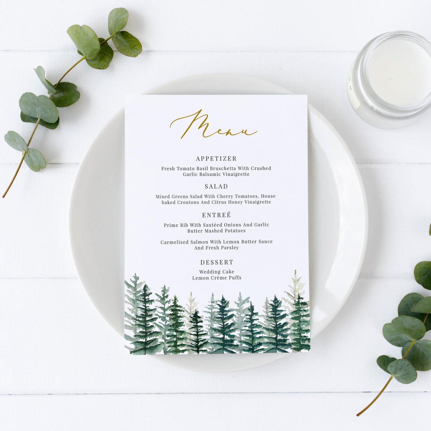 Editable Woodland Pine Menu Greenery Wedding Menu Card Winter Menu 5x7 and 4x9 Template