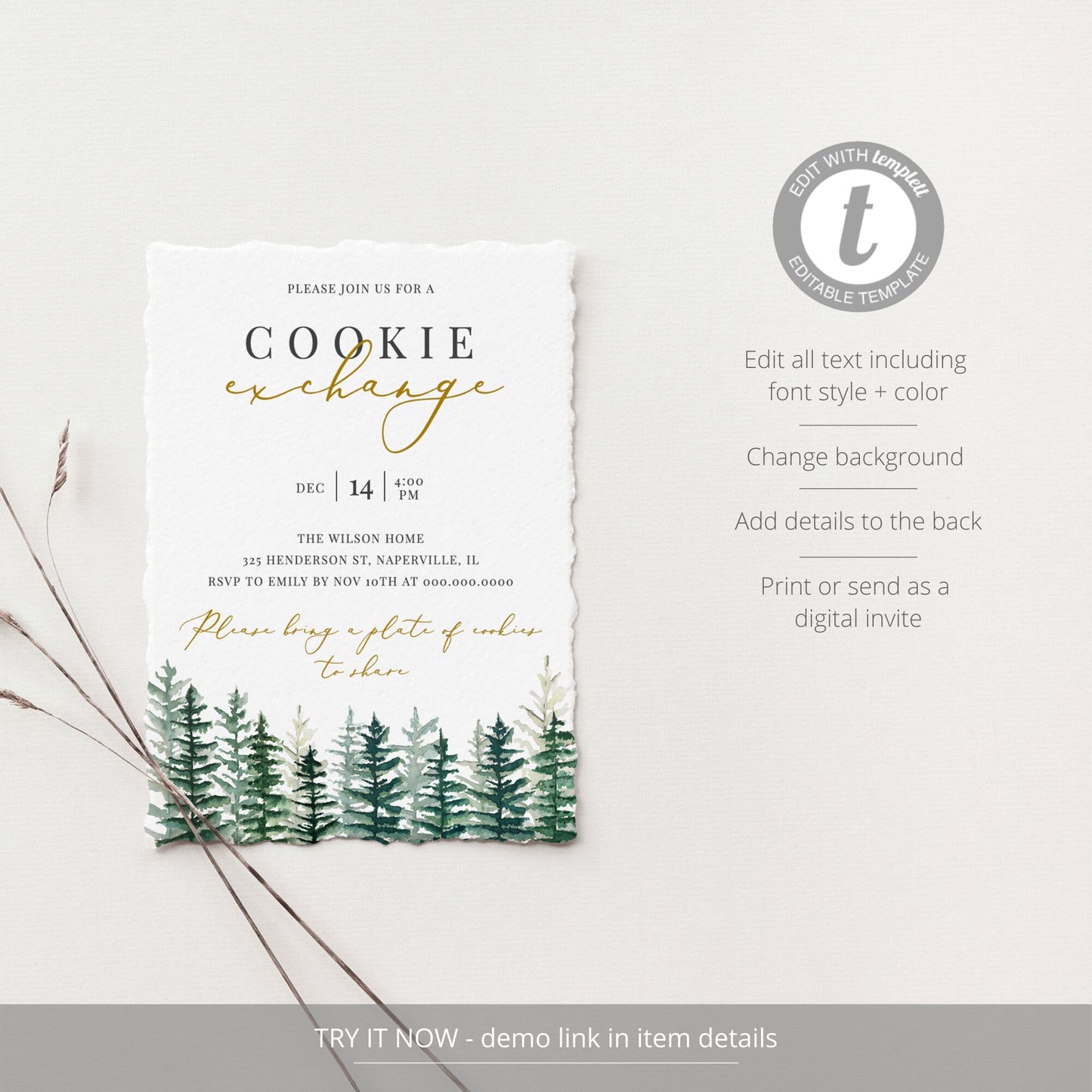Editable Christmas Cookie Exchange Invitation Winter Woodland Holiday Cookie Party Invite Template