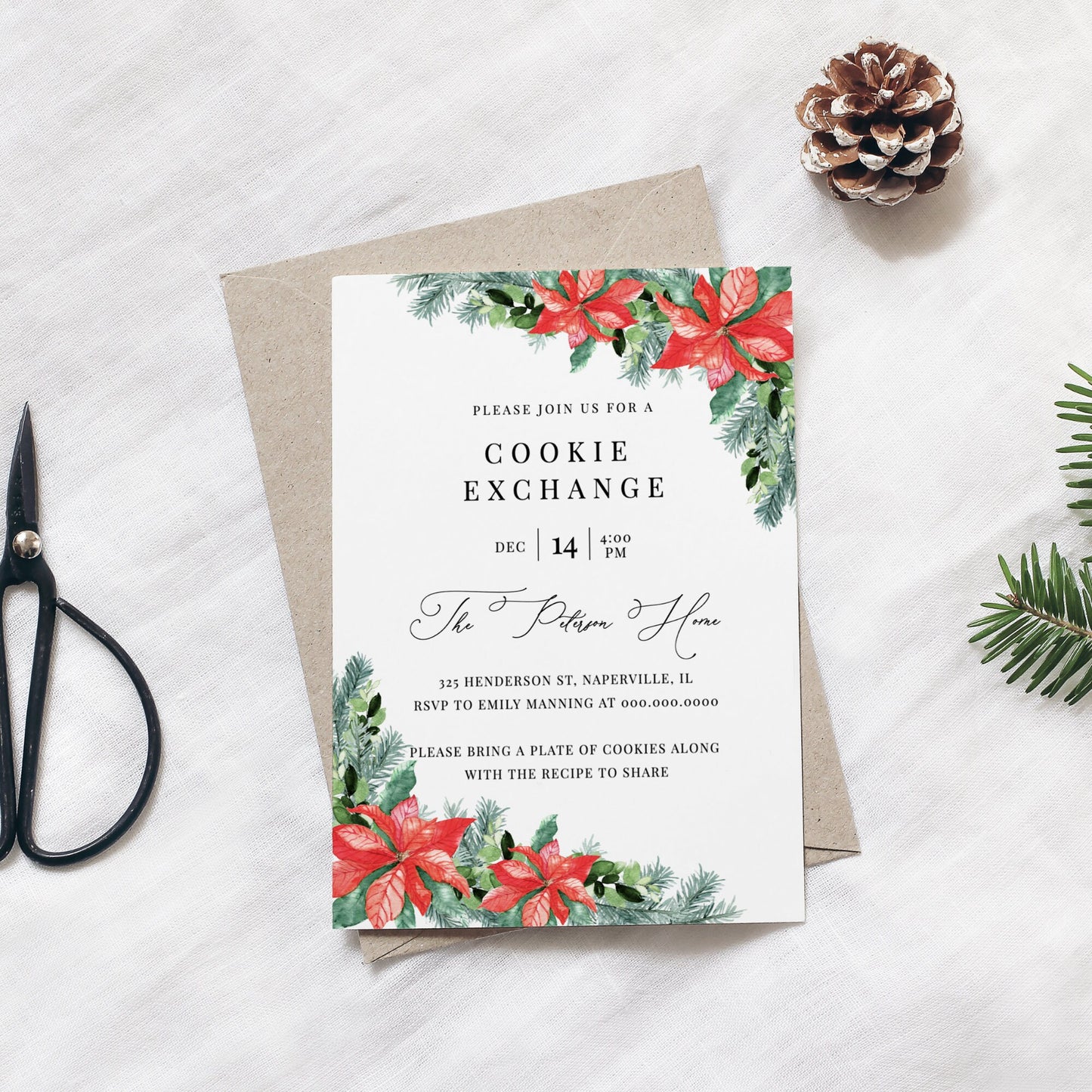 Editable Cookie Exchange Invitation Winter Poinsettia Christmas Cookie Party Invite Template