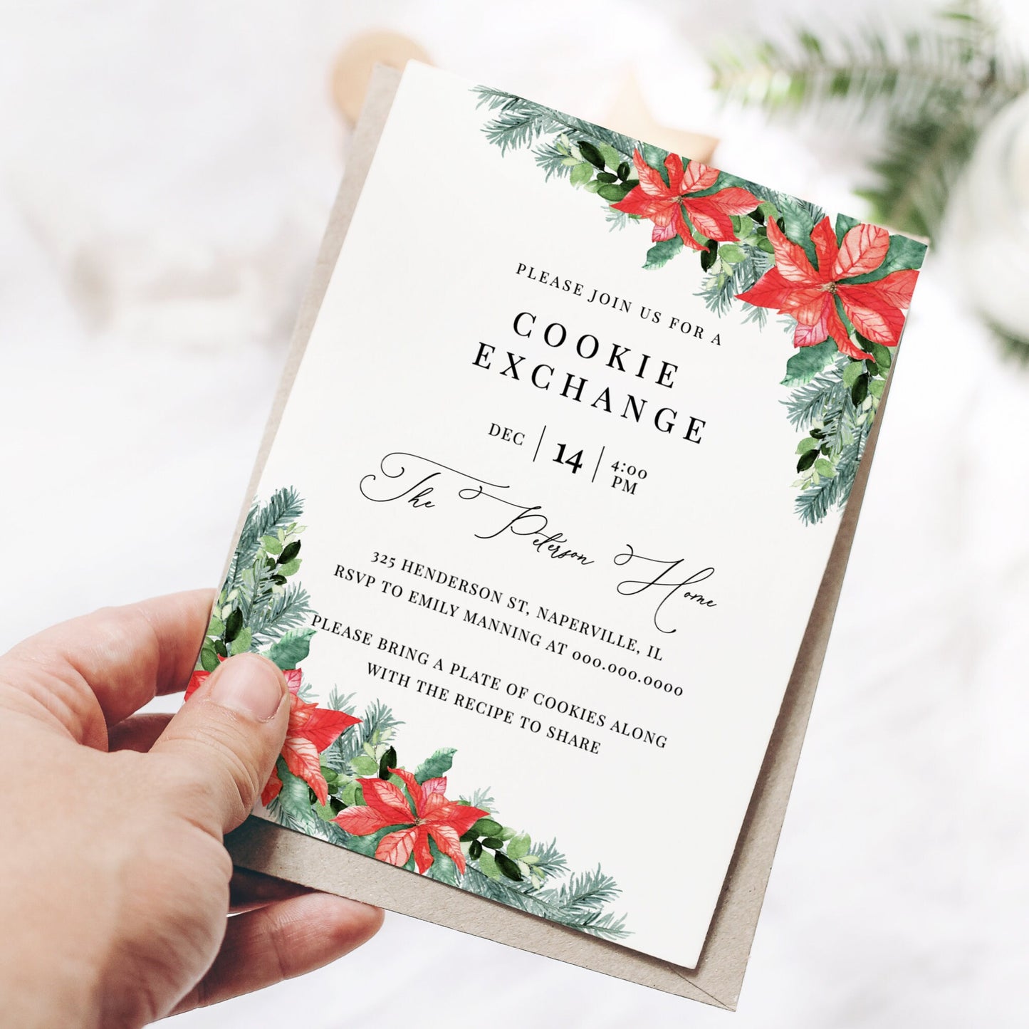 Editable Cookie Exchange Invitation Winter Poinsettia Christmas Cookie Party Invite Template