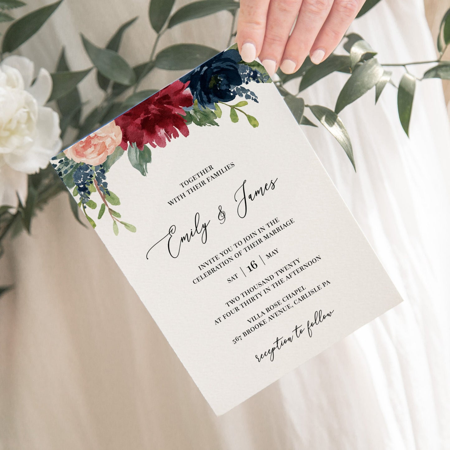 Editable Wedding Invitation Floral Burgundy Navy Fall Wedding Invite Template
