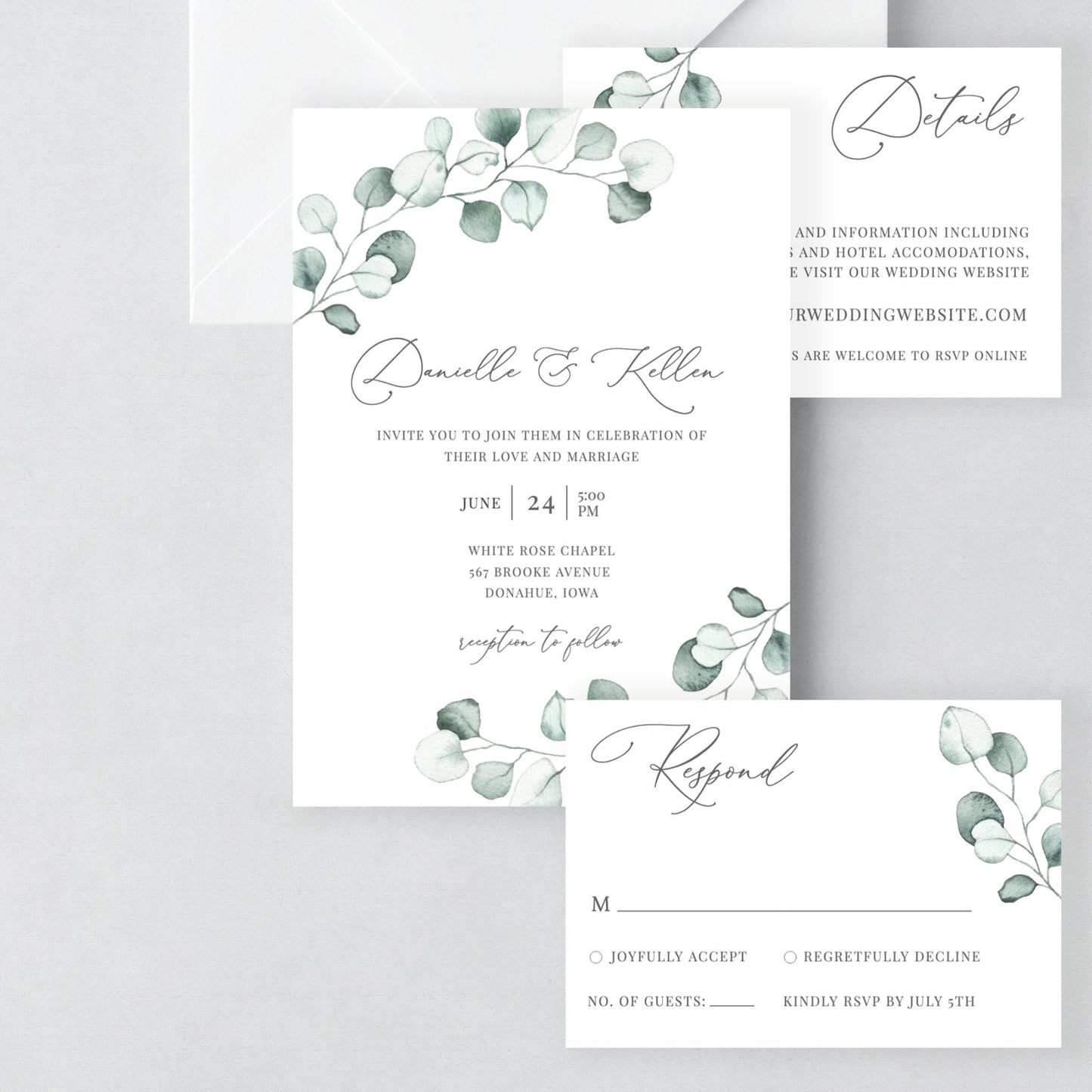 Editable Greenery Wedding Invitation Boho Eucalyptus Wedding Invitation Set Wedding Suite Digital Template