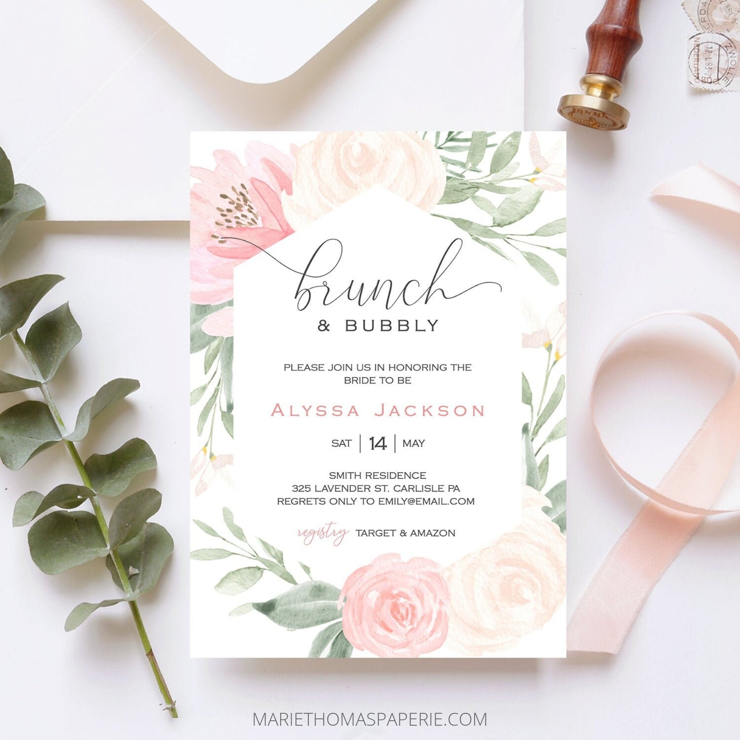 Editable Brunch and Bubbly Bridal Shower Invitation Blush Pink Bridal Shower Invite Boho Floral Invitation Template