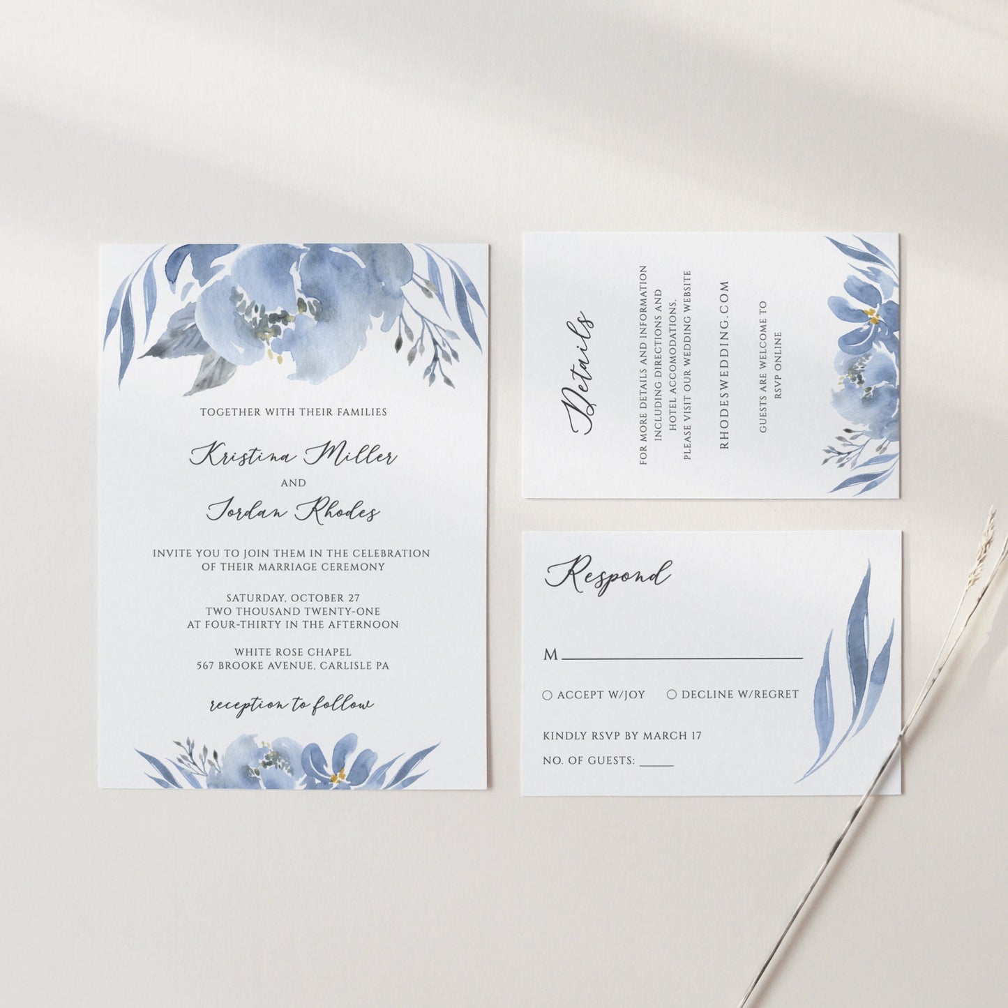 Editable Dusty Blue Wedding Invitation Blue Floral Wedding Invitation Set Wedding Suite Template