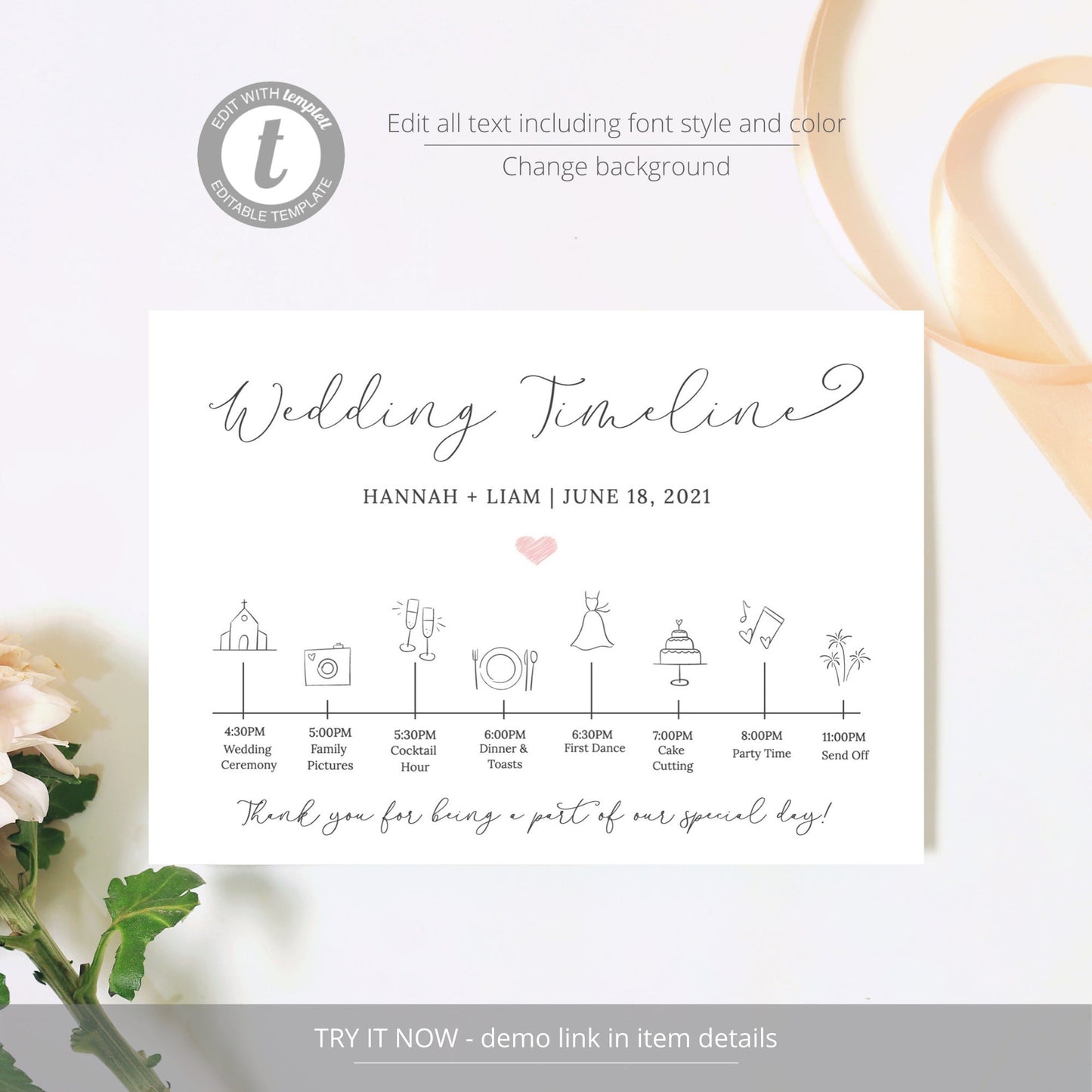 Editable  Wedding Timeline Wedding Itinerary Wedding Day Timeline Icon Timeline Template