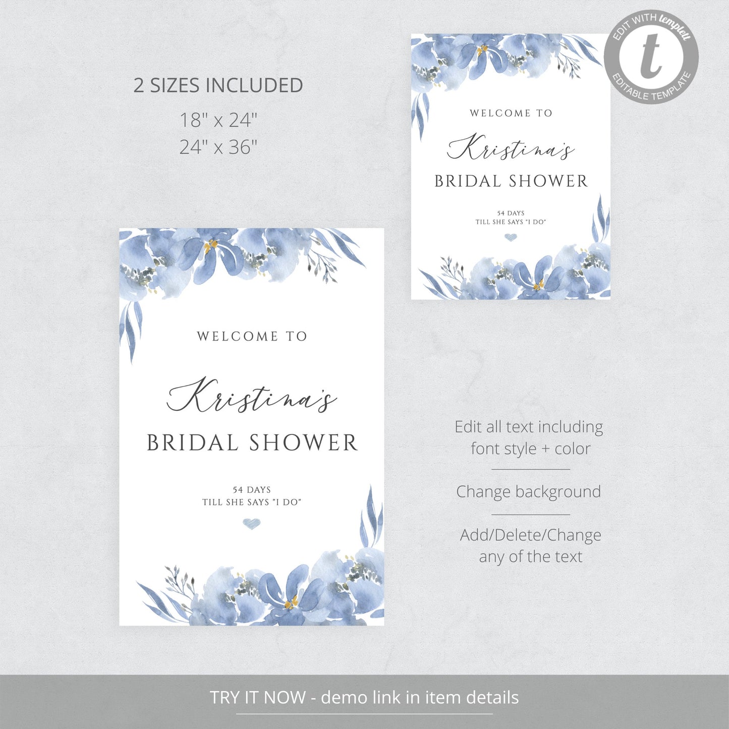 Editable Dusty Blue Bridal Shower Welcome Sign Bridal Shower Welcome Poster Blue and Gray Floral Template