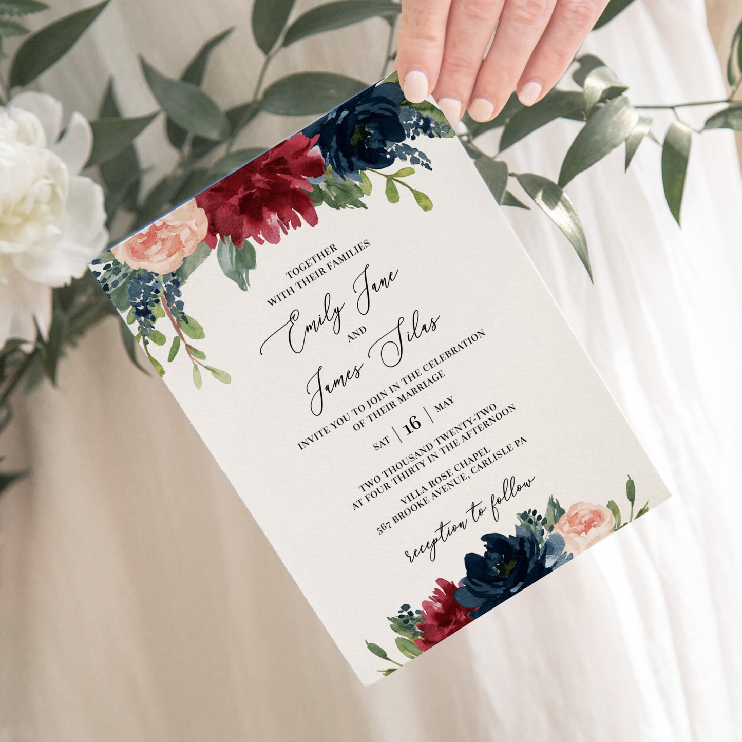 Editable Wedding Invitation Floral Fall Wedding Invite Burgundy Navy Floral Template