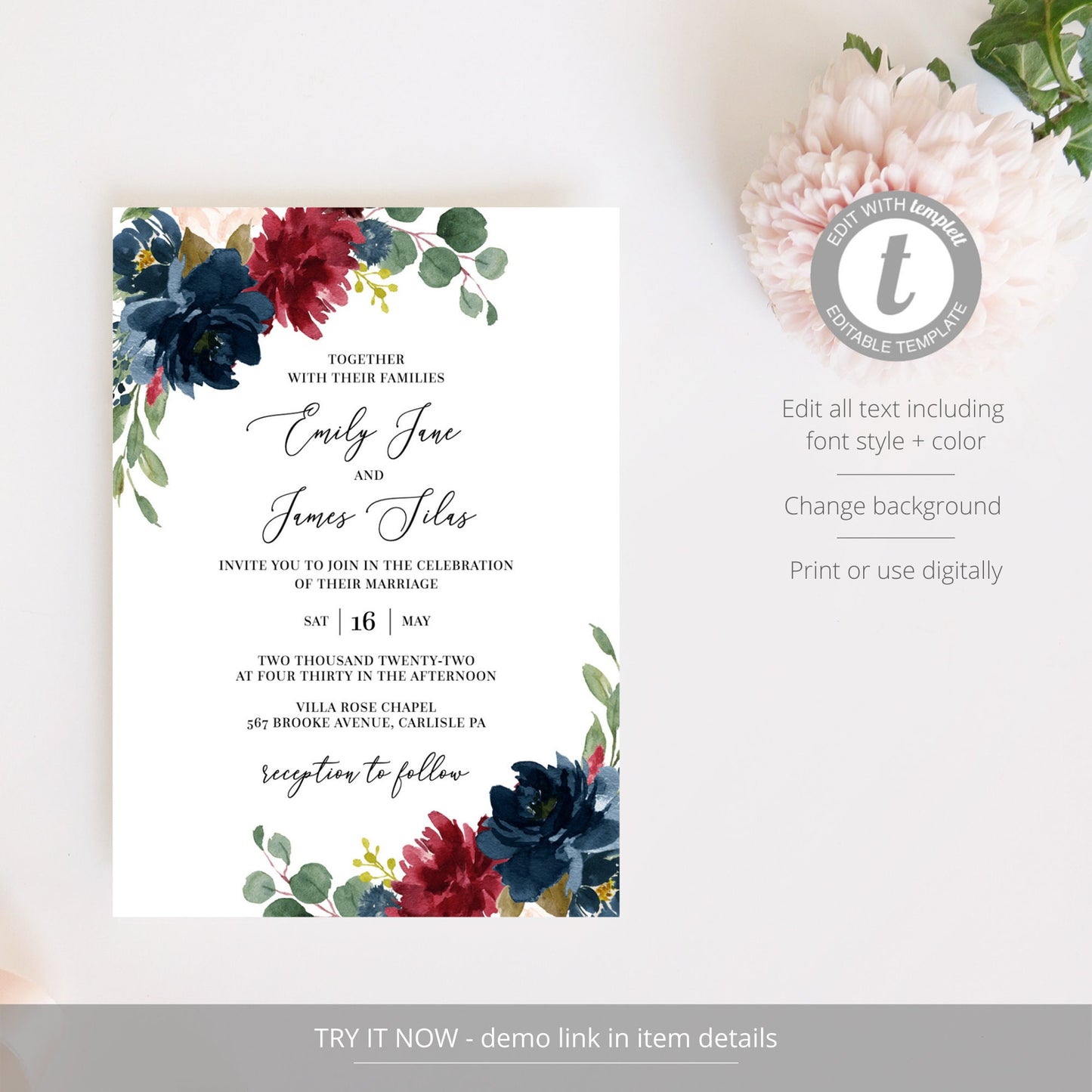 Editable Wedding Invitation Burgundy Navy Floral Wedding Invite Fall Wedding Invitation Template