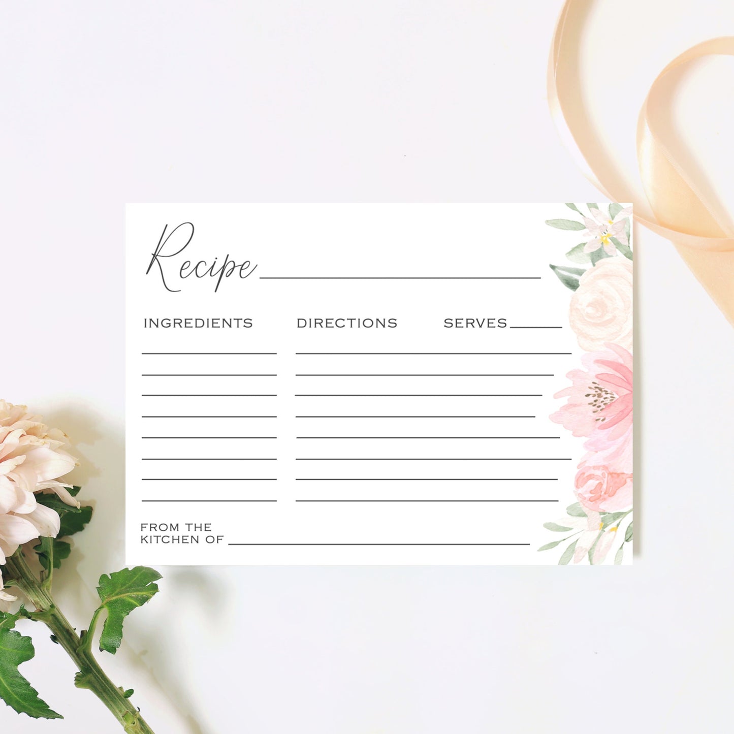 Editable Blush Pink Recipe Card Floral Bridal Shower Recipe Card Insert Recipe Card Template