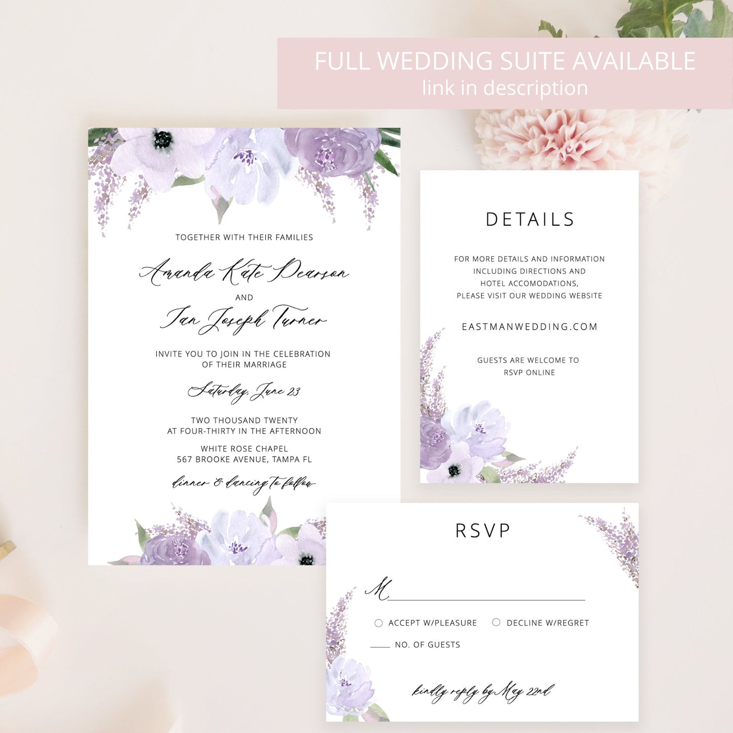Editable Lavender Wedding Invitation Lilac Purple Wedding Invitation Floral Wedding Suite Template
