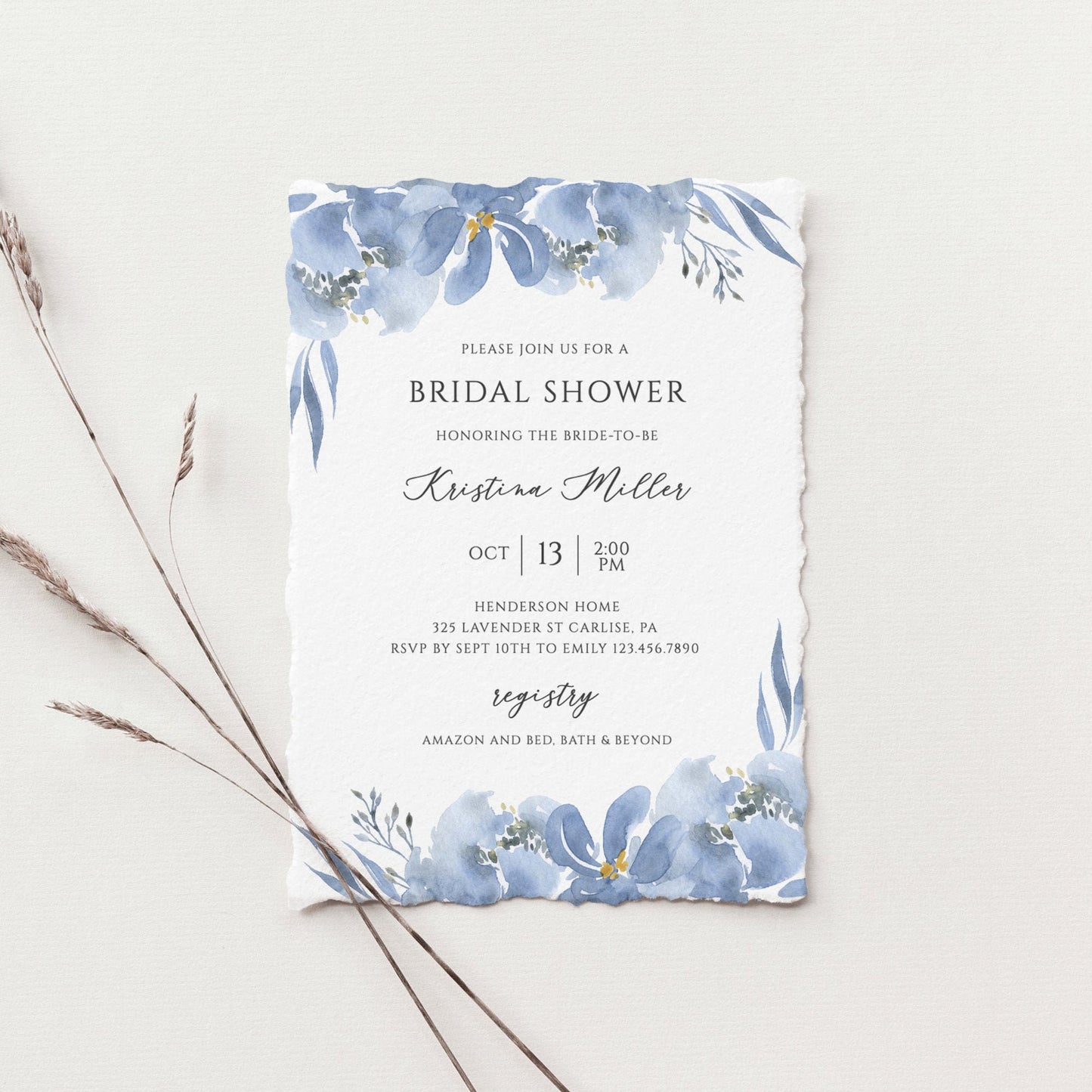 Editable Dusty Blue Bridal Shower Invitation Blue Floral Bridal Shower Invite Template