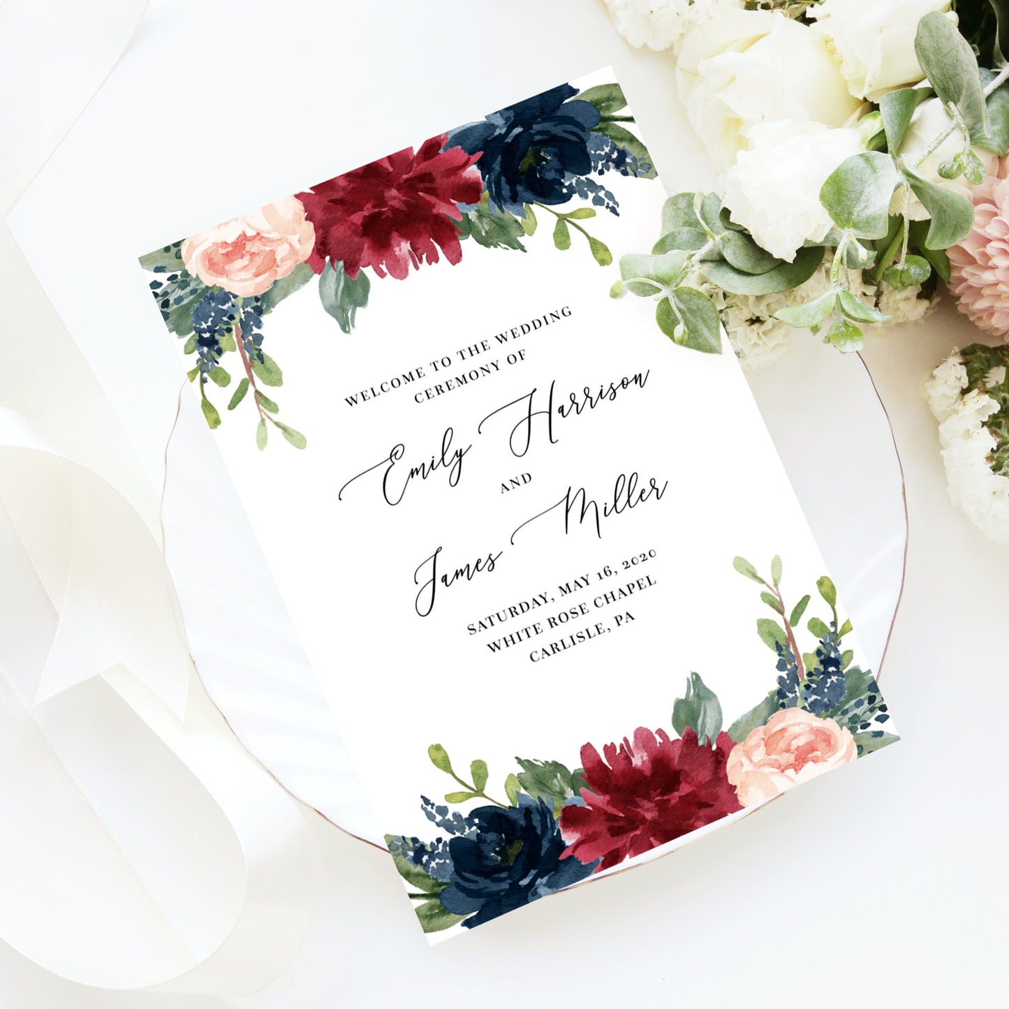 Editable Folded Wedding Program Wedding Ceremony Program Burgundy & Navy Floral Template