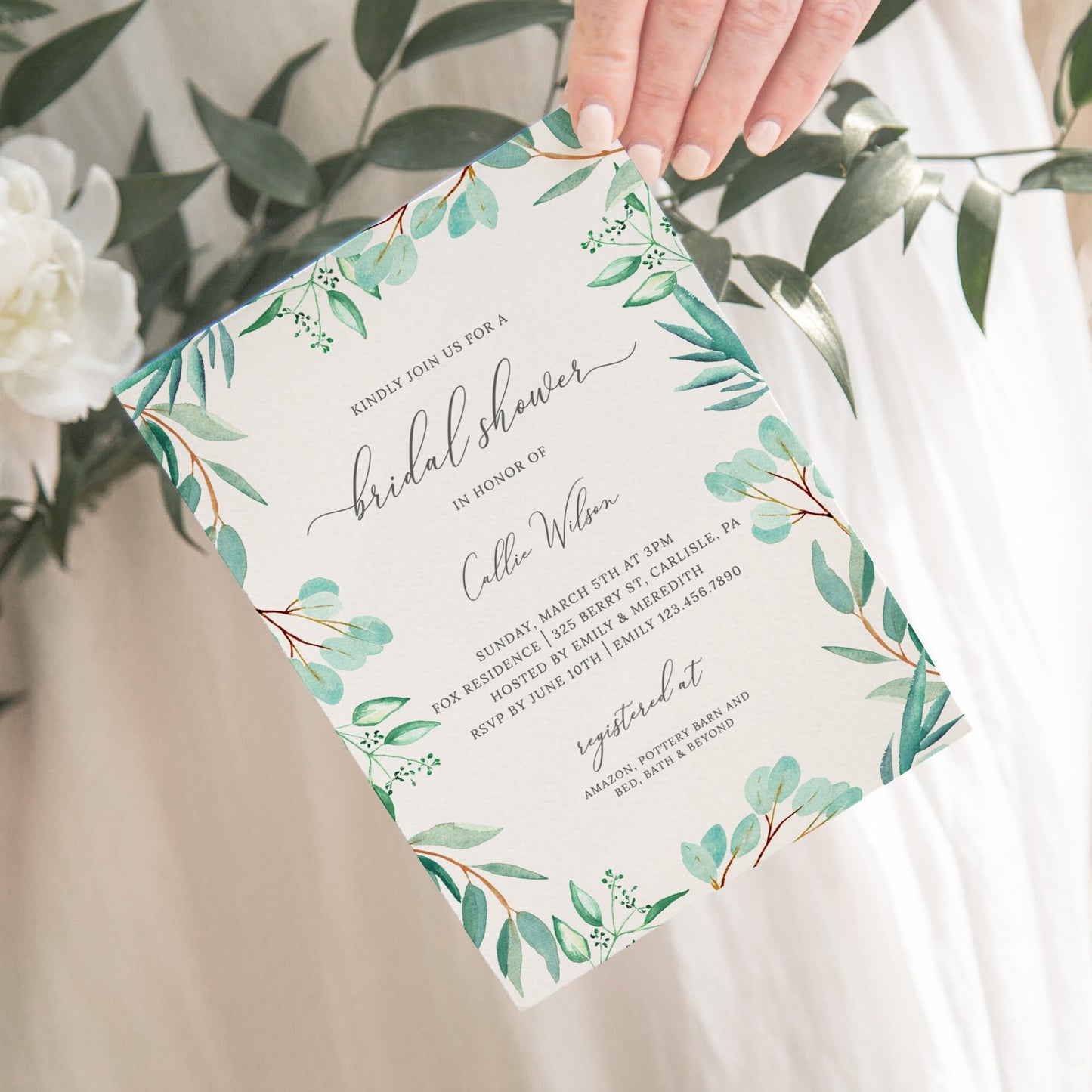 Editable Bridal Shower Invitation Eucalyptus Botanical Greenery Bridal Shower Invite Template