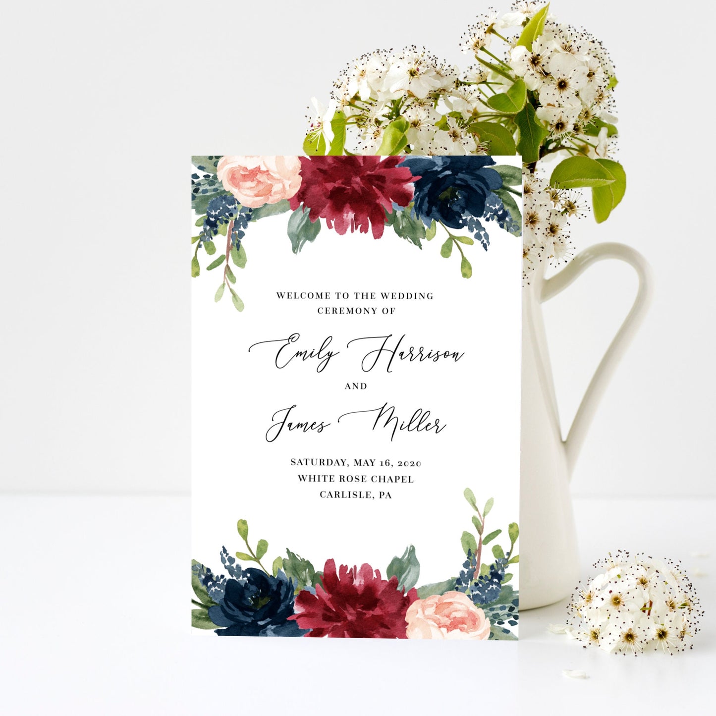 Editable Folded Wedding Program Wedding Ceremony Program Burgundy & Navy Floral Template