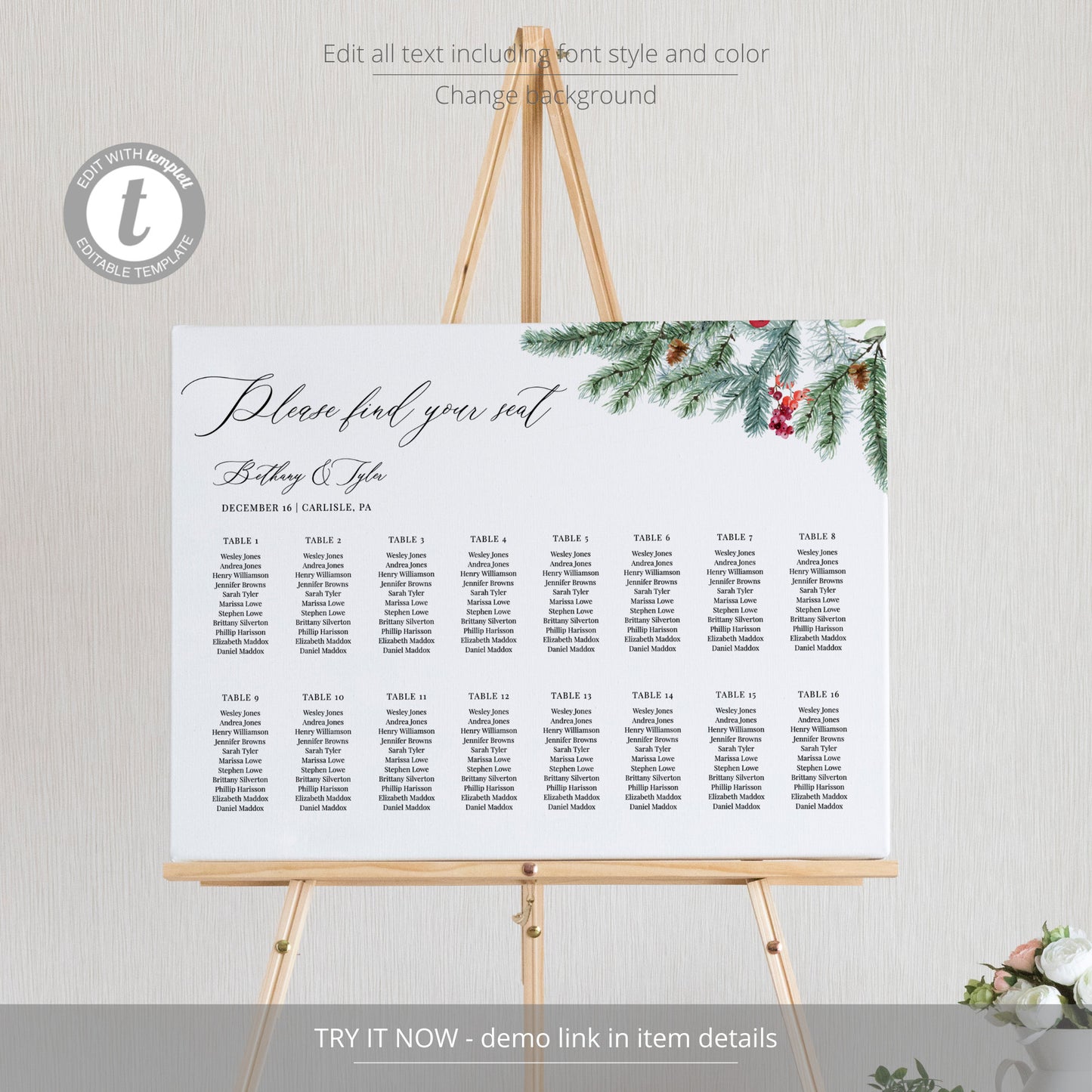 Editable Christmas Pine Seating Chart Horizontal Seating Chart Poster Template