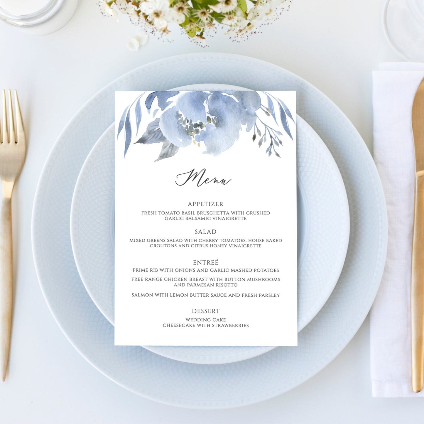 Editable Dusty Blue Wedding Menu Blue Gray Wedding Menu Card Floral Wedding Menu 5x7 and 4x9 Template