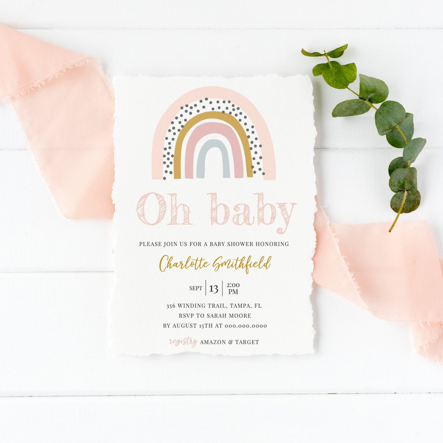 Editable Boho Rainbow Baby Shower Invitation Baby Girl Shower Invite Oh Baby Shower Invitation Template