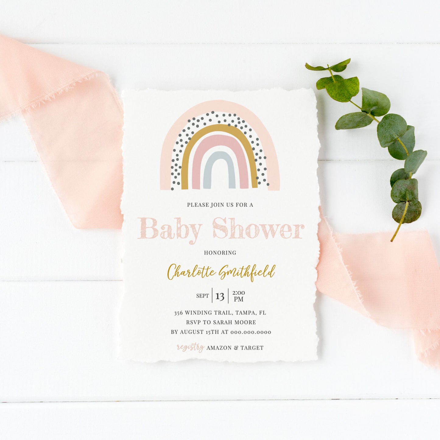 Editable Boho Rainbow Baby Shower Invitation Girl Baby Shower Invite Baby Shower Invitation Set Template