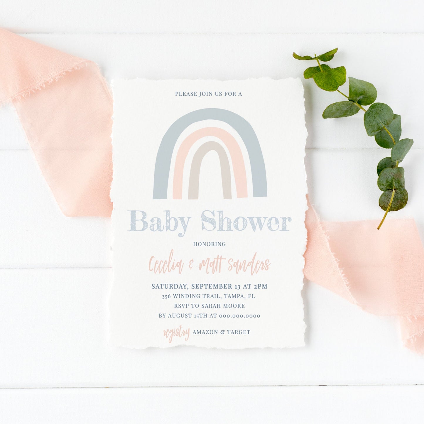 Editable Blue Rainbow Baby Shower Invitation Gender Neutral Baby Shower Invite Set Boho Rainbow  Template